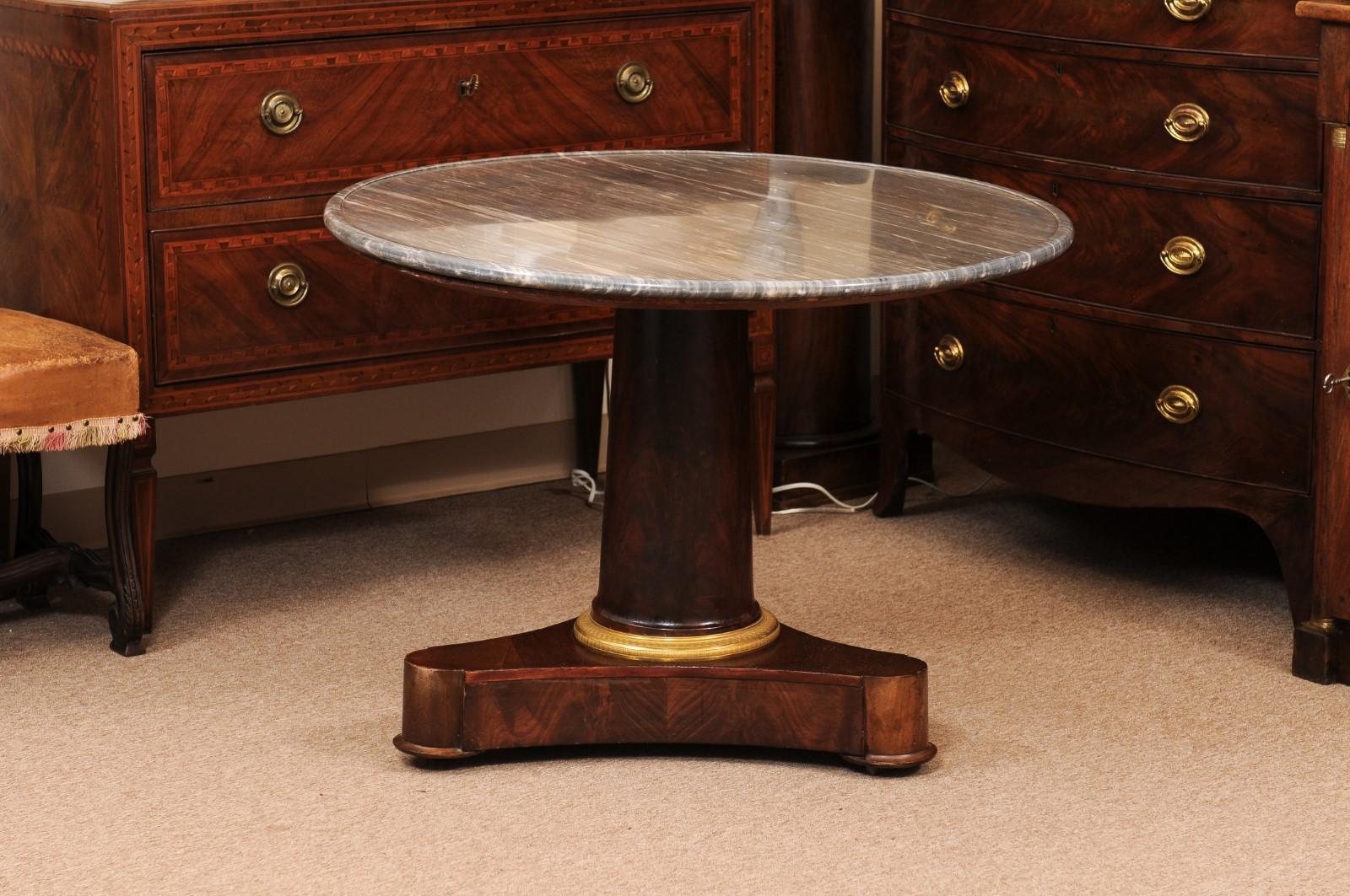  Early 19th C French Empire Walnut Center Table, Grey Marble Top & Ormolu Detail For Sale 7