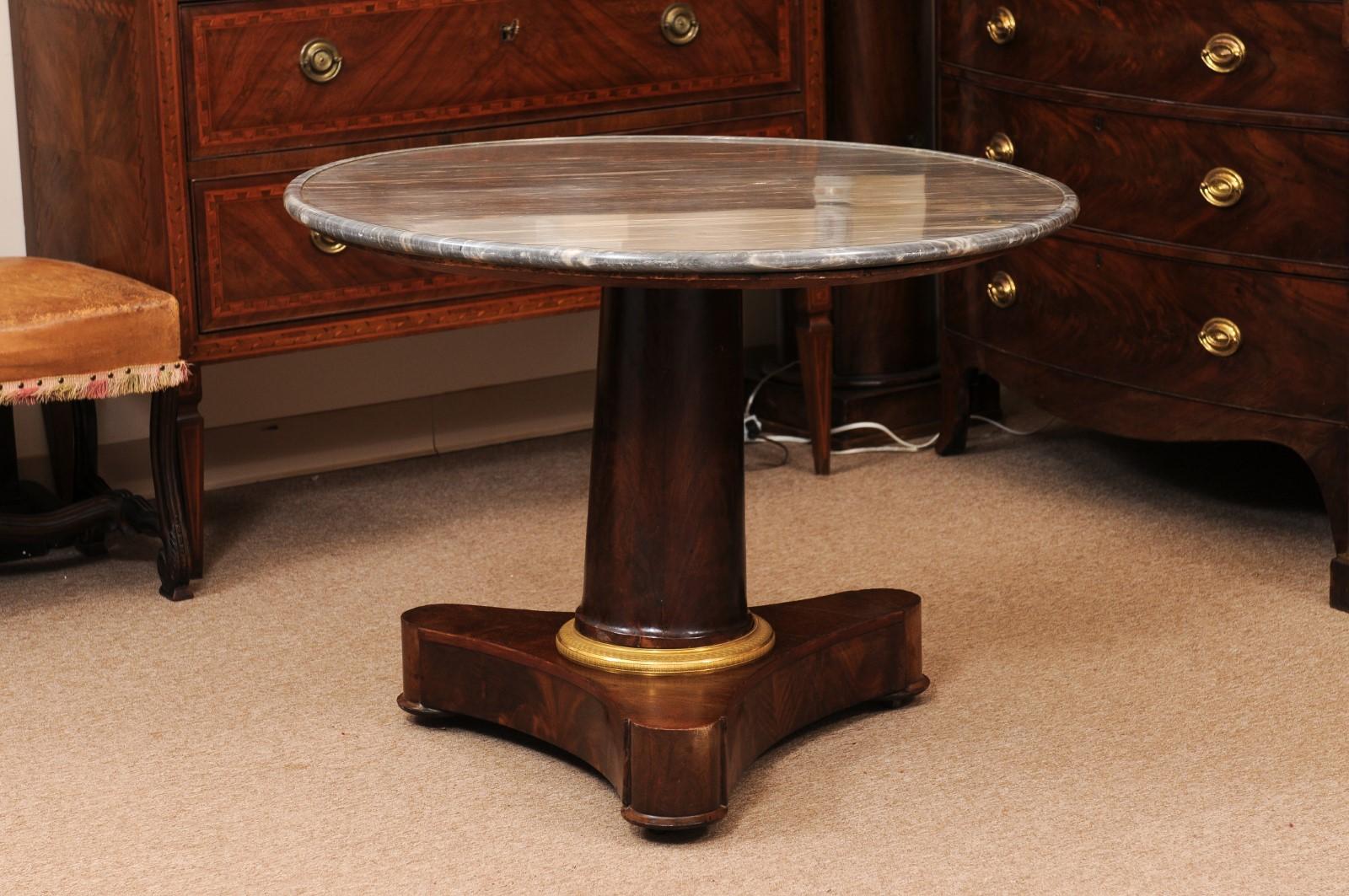  Early 19th C French Empire Walnut Center Table, Grey Marble Top & Ormolu Detail For Sale 9