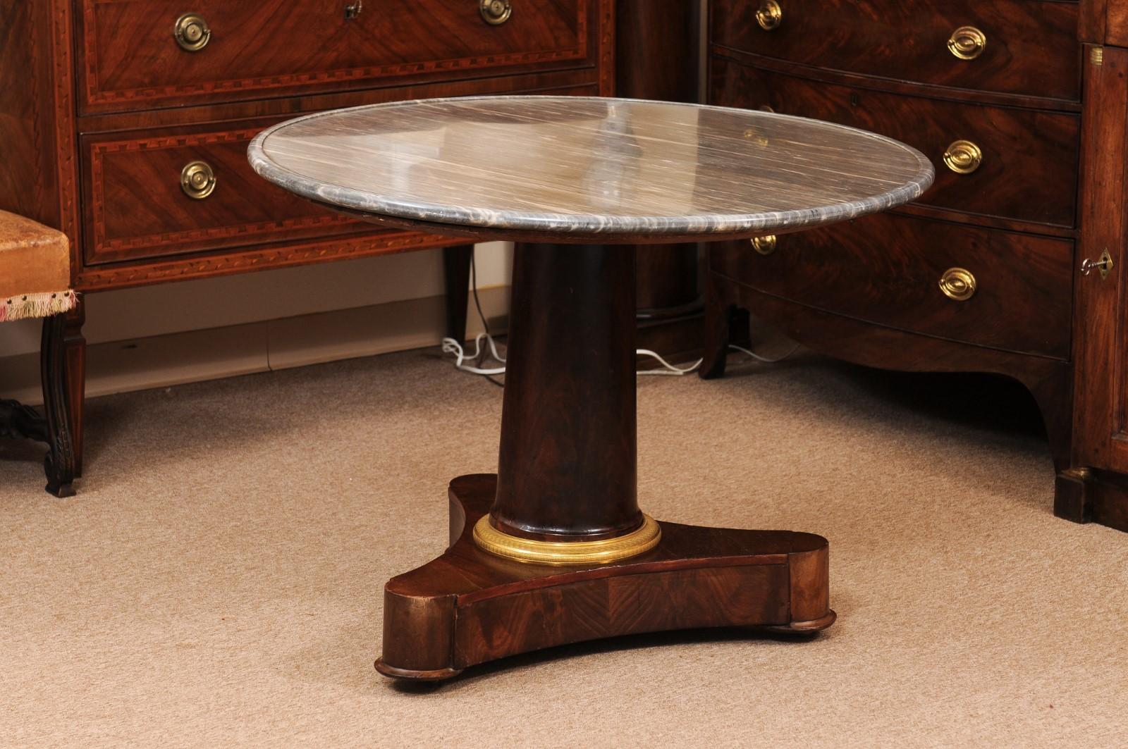  Early 19th C French Empire Walnut Center Table, Grey Marble Top & Ormolu Detail For Sale 10
