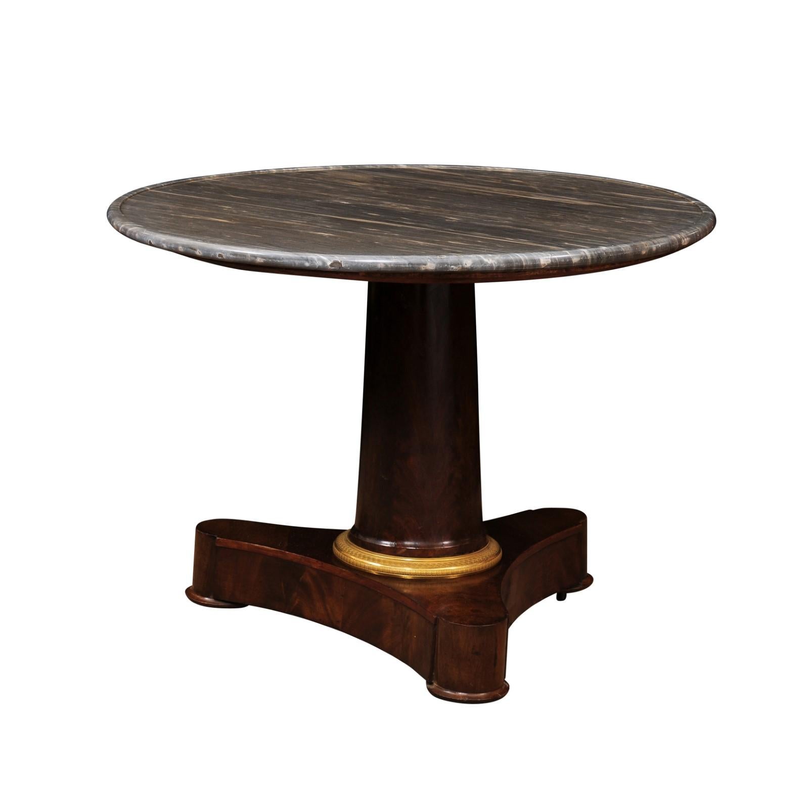 Early 19th Century French Empire Walnut Gueridon / Center Table with Grey Marble Top & Ormolu Detail