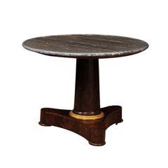 Early 19th C French Empire Walnut Center Table, Grey Marble Top & Ormolu Detail