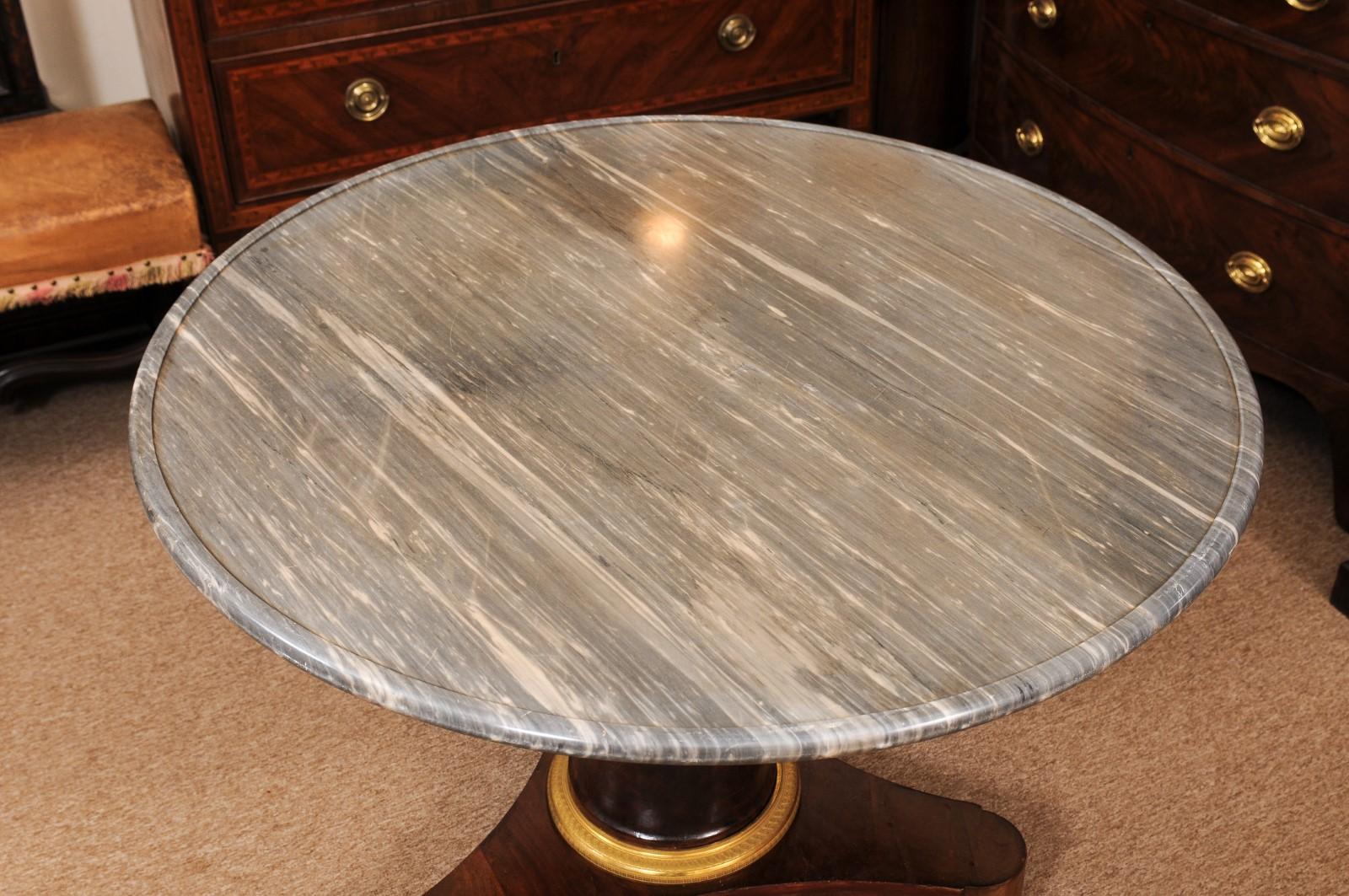 19th Century  Early 19th C French Empire Walnut Center Table, Grey Marble Top & Ormolu Detail For Sale