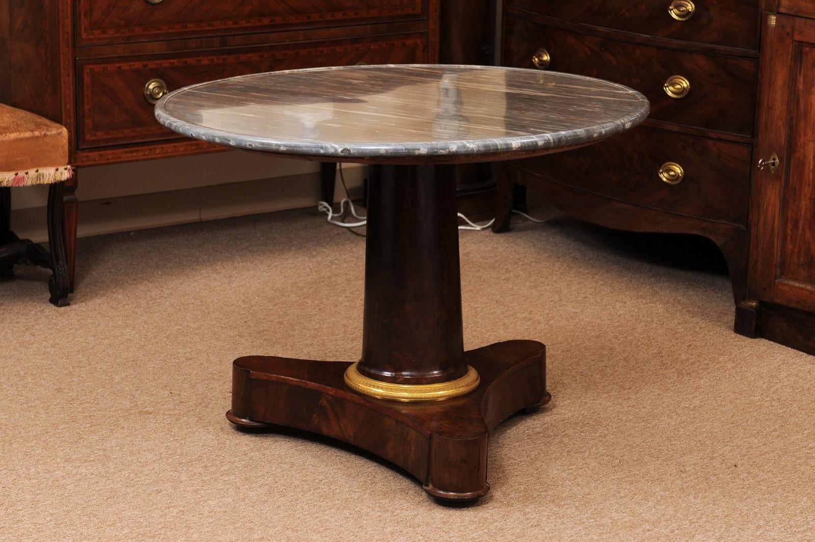  Early 19th C French Empire Walnut Center Table, Grey Marble Top & Ormolu Detail For Sale 1