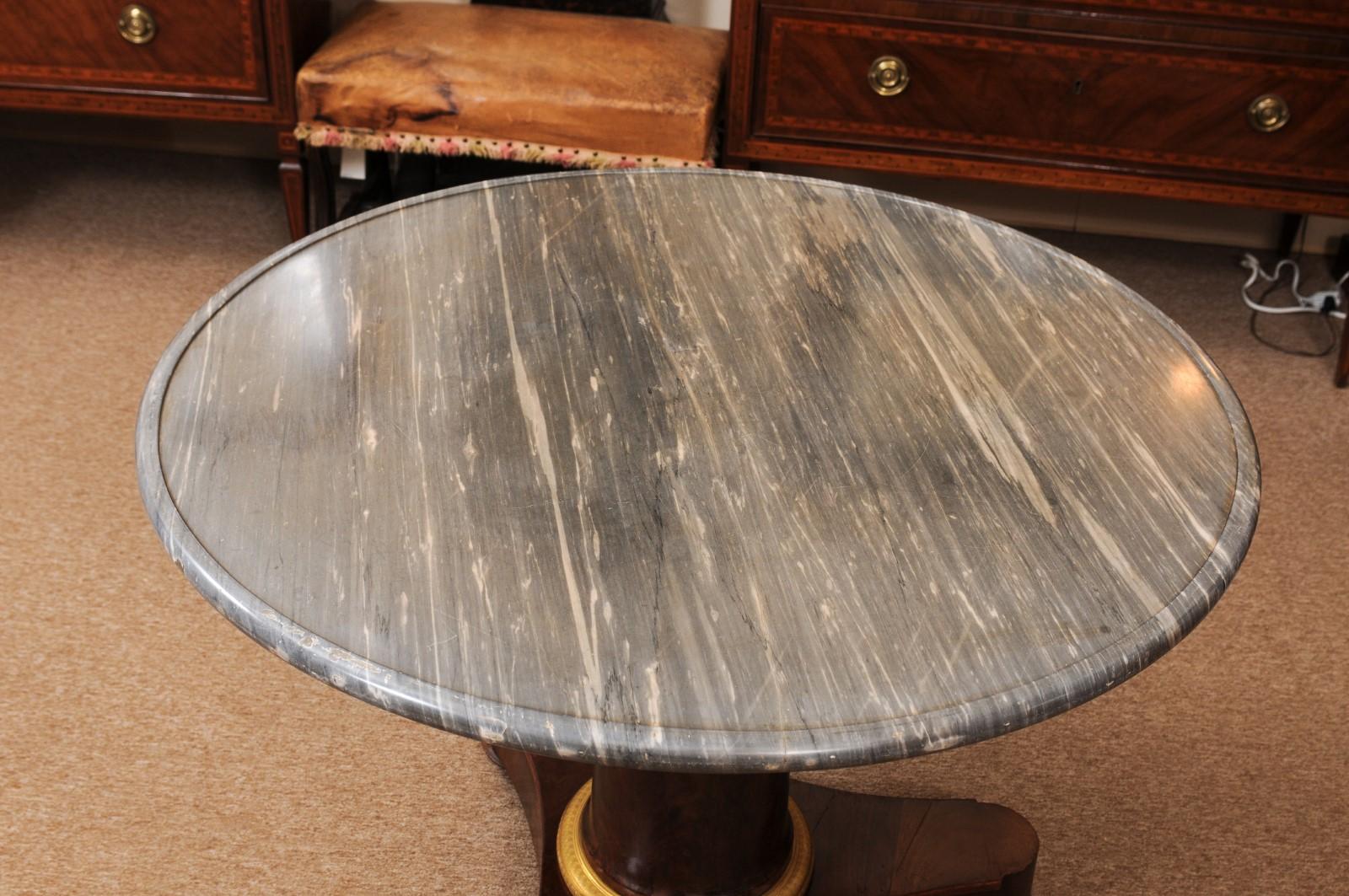  Early 19th C French Empire Walnut Center Table, Grey Marble Top & Ormolu Detail For Sale 3