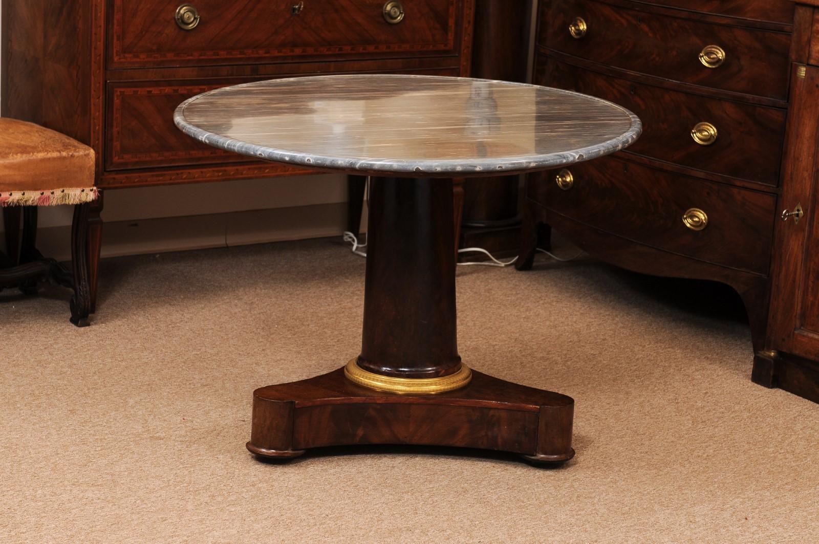  Early 19th C French Empire Walnut Center Table, Grey Marble Top & Ormolu Detail For Sale 4