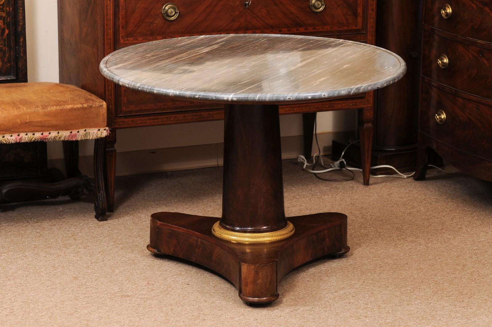  Early 19th C French Empire Walnut Center Table, Grey Marble Top & Ormolu Detail For Sale 5