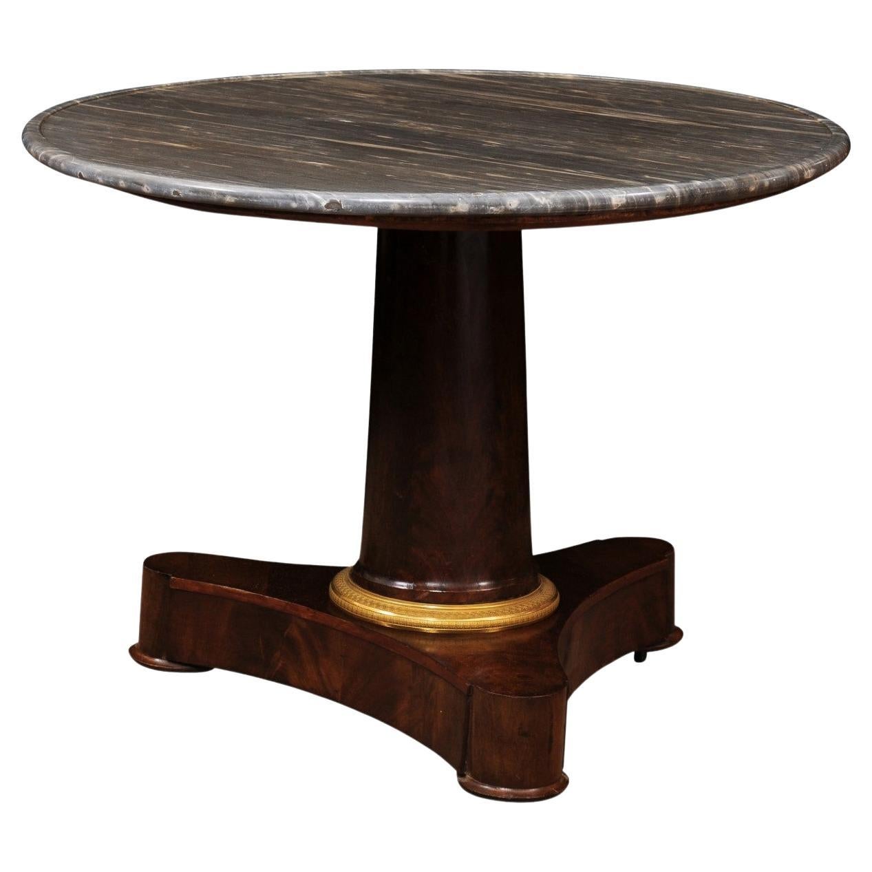  Early 19th C French Empire Walnut Center Table, Grey Marble Top & Ormolu Detail For Sale