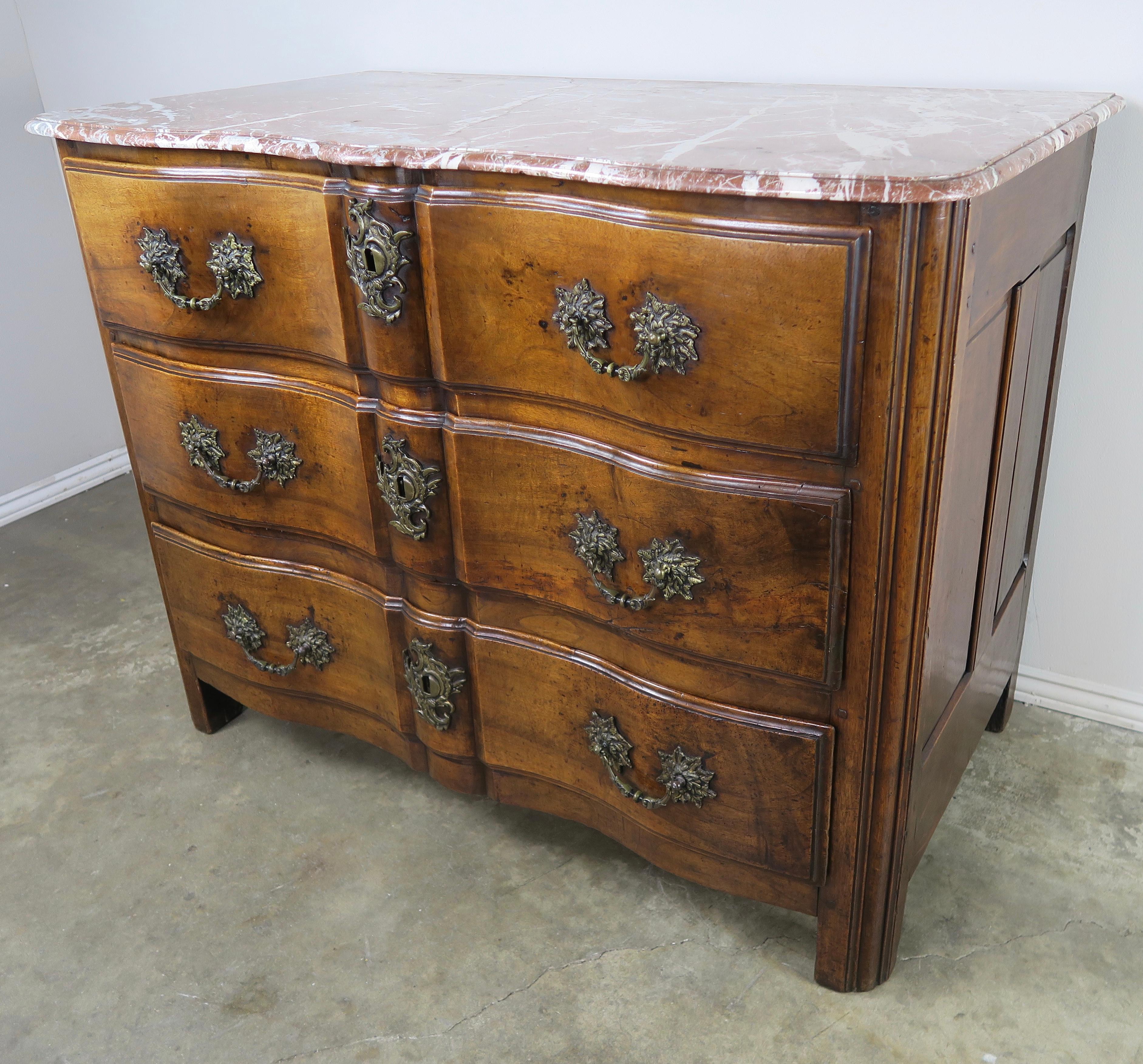 Walnut Early 19th Century French Louis XV Style Commode with Bronze Hardware