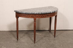 Early 19th C. French Marble Top Demi-Lune w/Greek Key Carved Apron