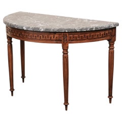 Early 19th C. French Marble Top Demi-Lune w/Greek Key Carved Apron