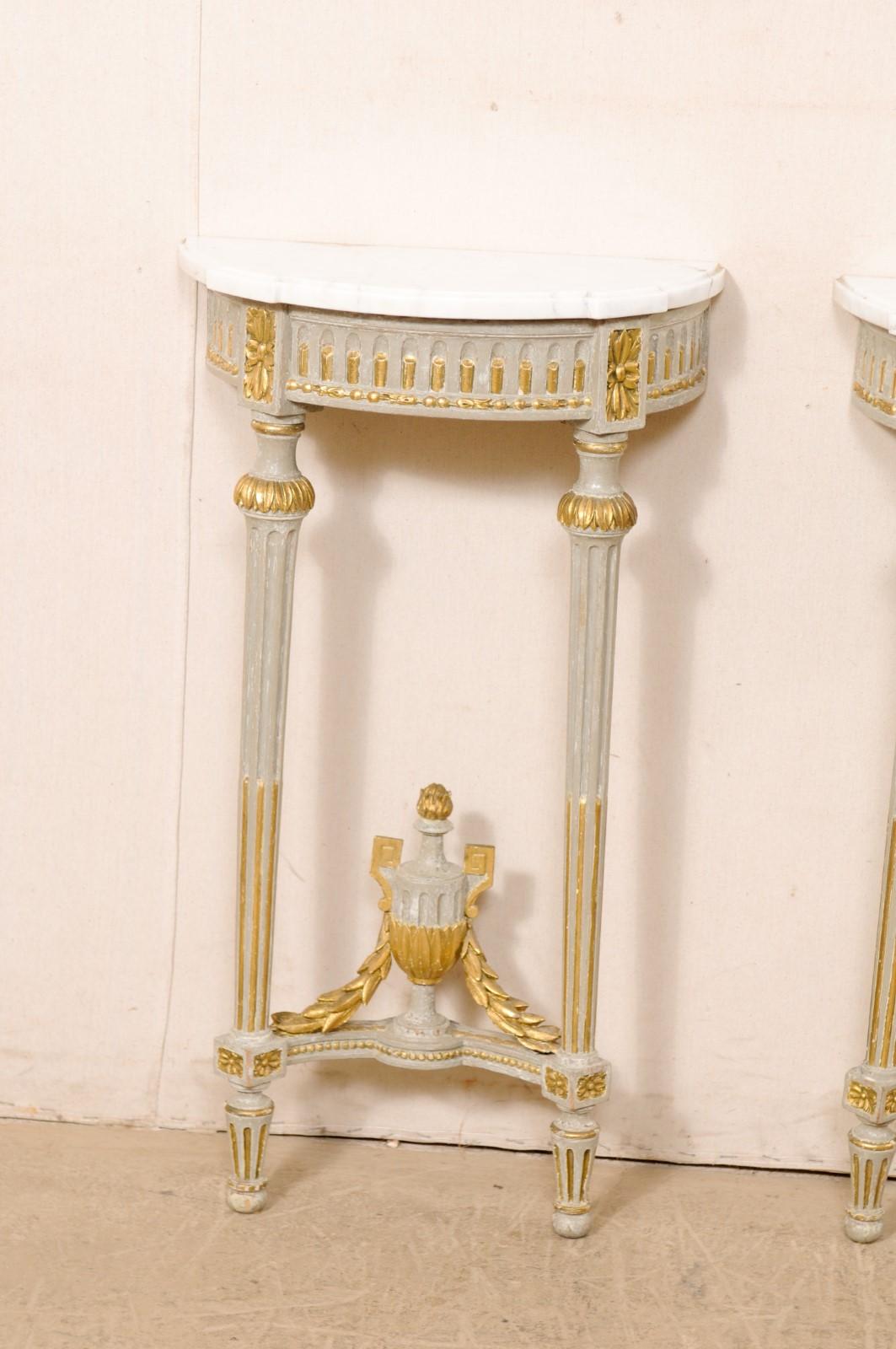 Neoclassical Early 19th C. French Petite Neoclassic Carved & Marble Top Wall-Mounted Consoles For Sale