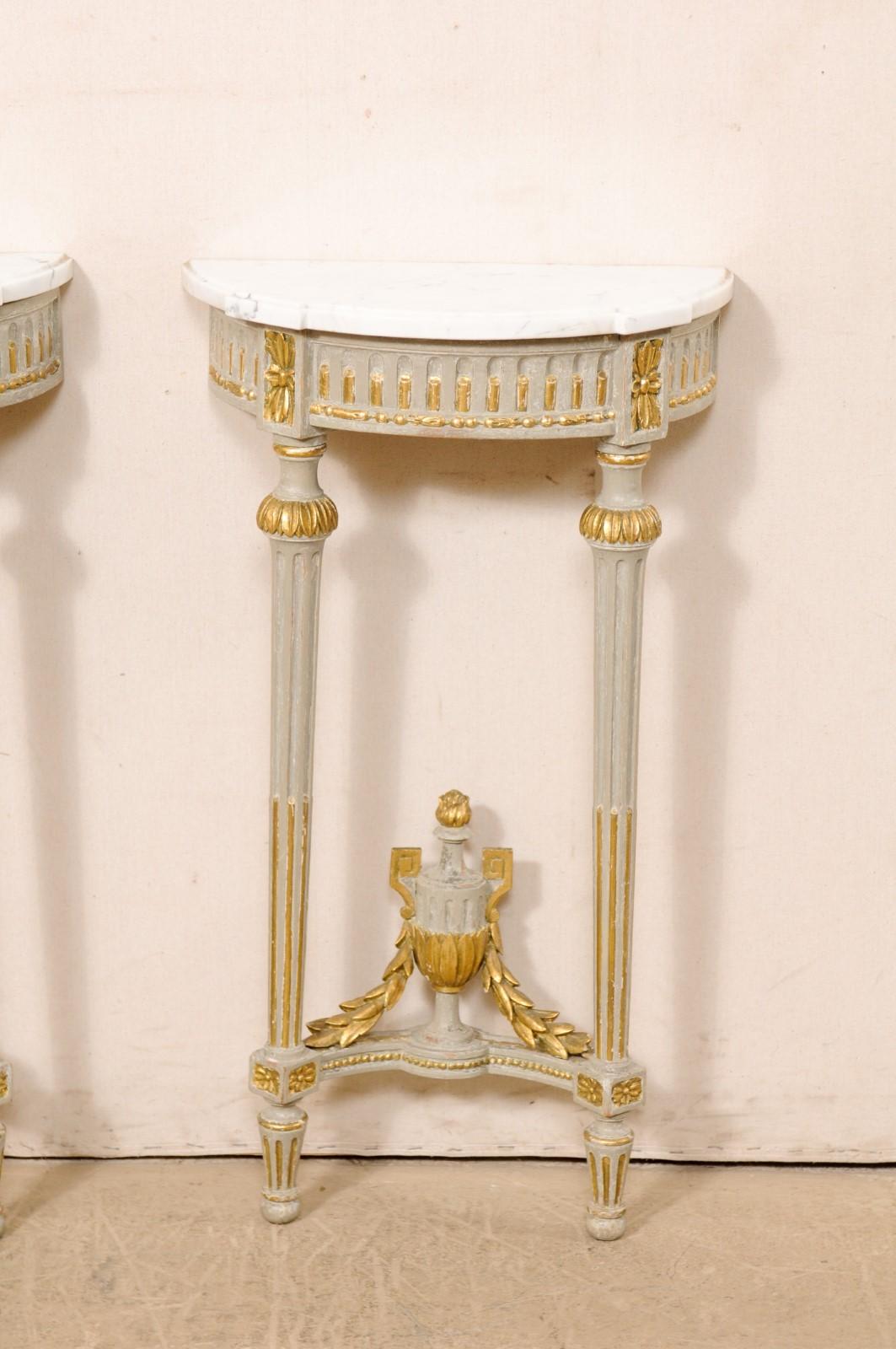 19th Century Early 19th C. French Petite Neoclassic Carved & Marble Top Wall-Mounted Consoles For Sale
