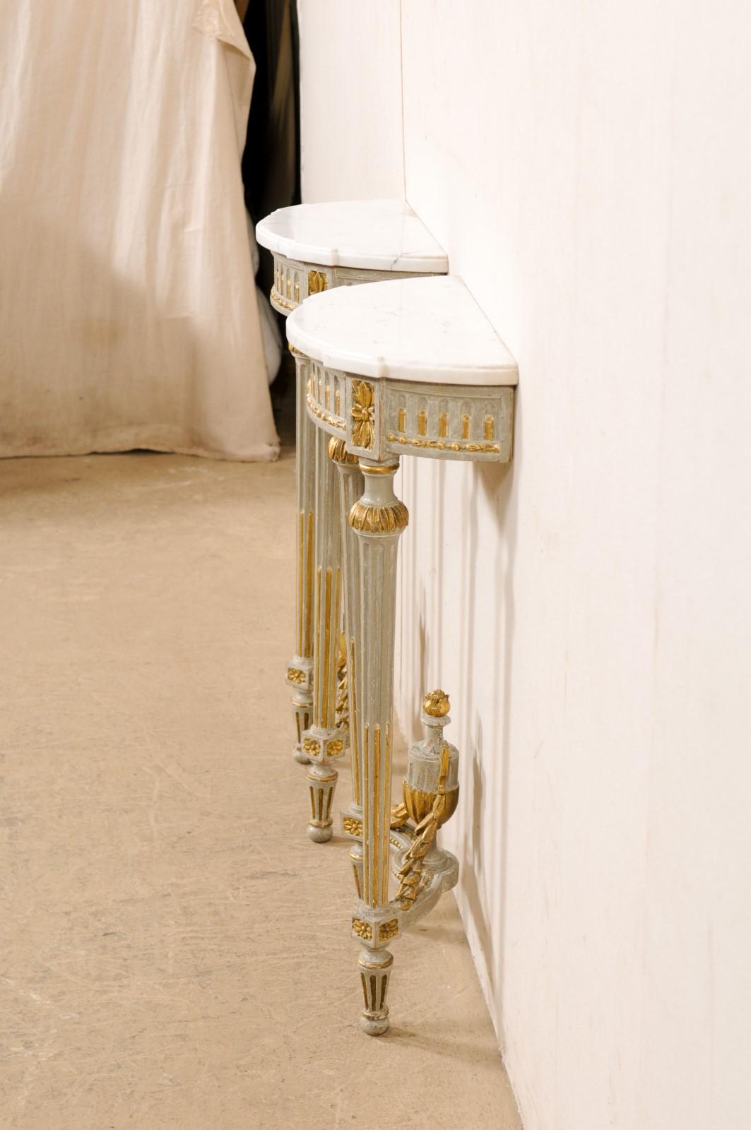 Early 19th C. French Petite Neoclassic Carved & Marble Top Wall-Mounted Consoles For Sale 1