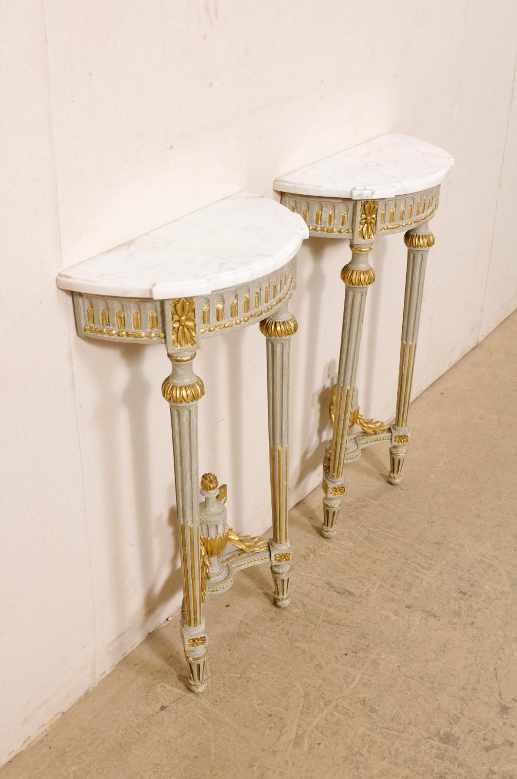 Early 19th C. French Petite Neoclassic Carved & Marble Top Wall-Mounted Consoles For Sale 2