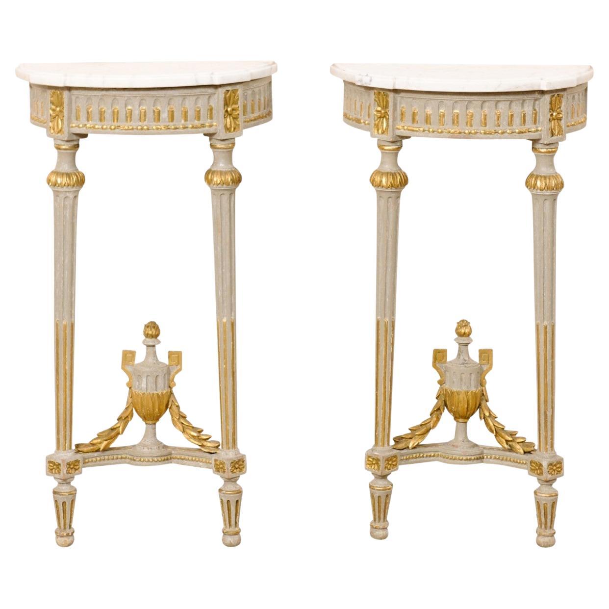 Early 19th C. French Petite Neoclassic Carved & Marble Top Wall-Mounted Consoles For Sale