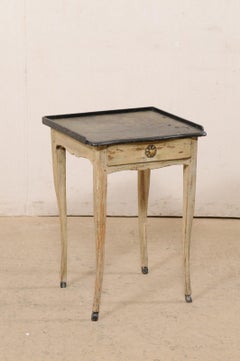 Early 19th C. French Wood Side Table W/Drawer and Green & Black Leather Top