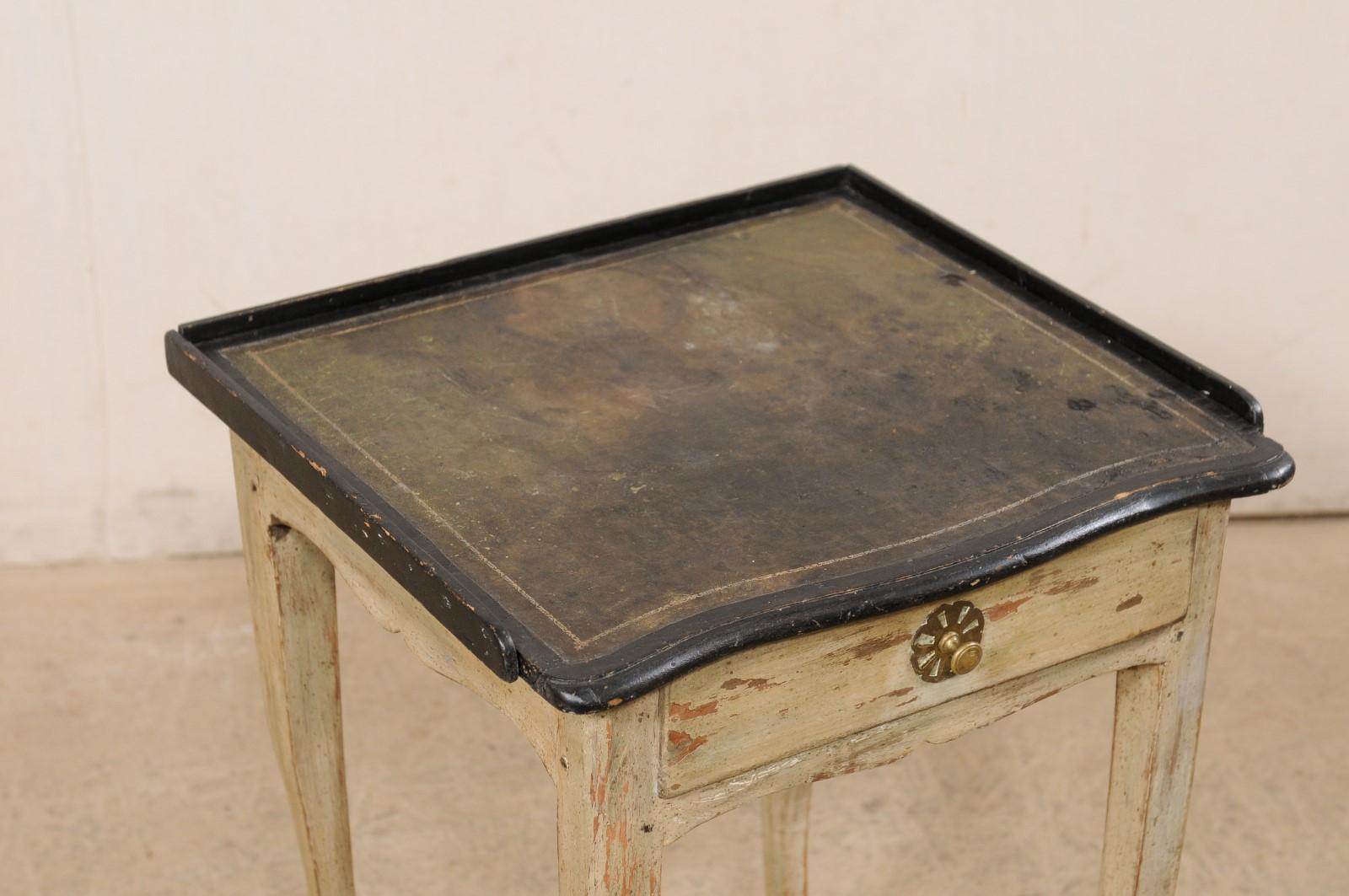 Early 19th C. French Wood Side Table W/Drawer and Green & Black Leather Top For Sale 1