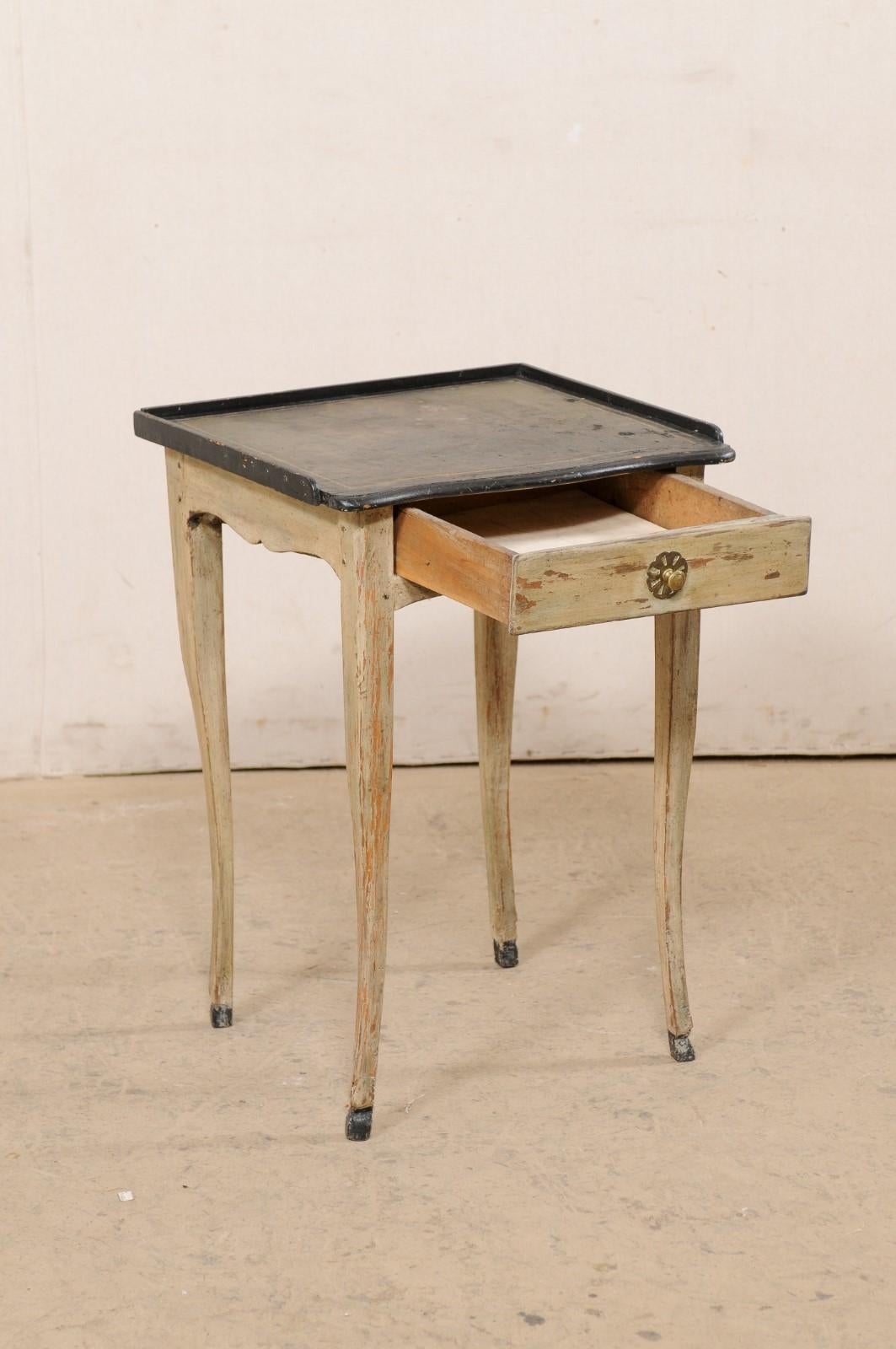 Early 19th C. French Wood Side Table W/Drawer and Green & Black Leather Top For Sale 3