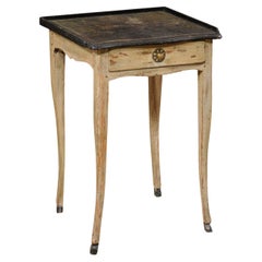 Early 19th C. French Wood Side Table W/Drawer and Green & Black Leather Top
