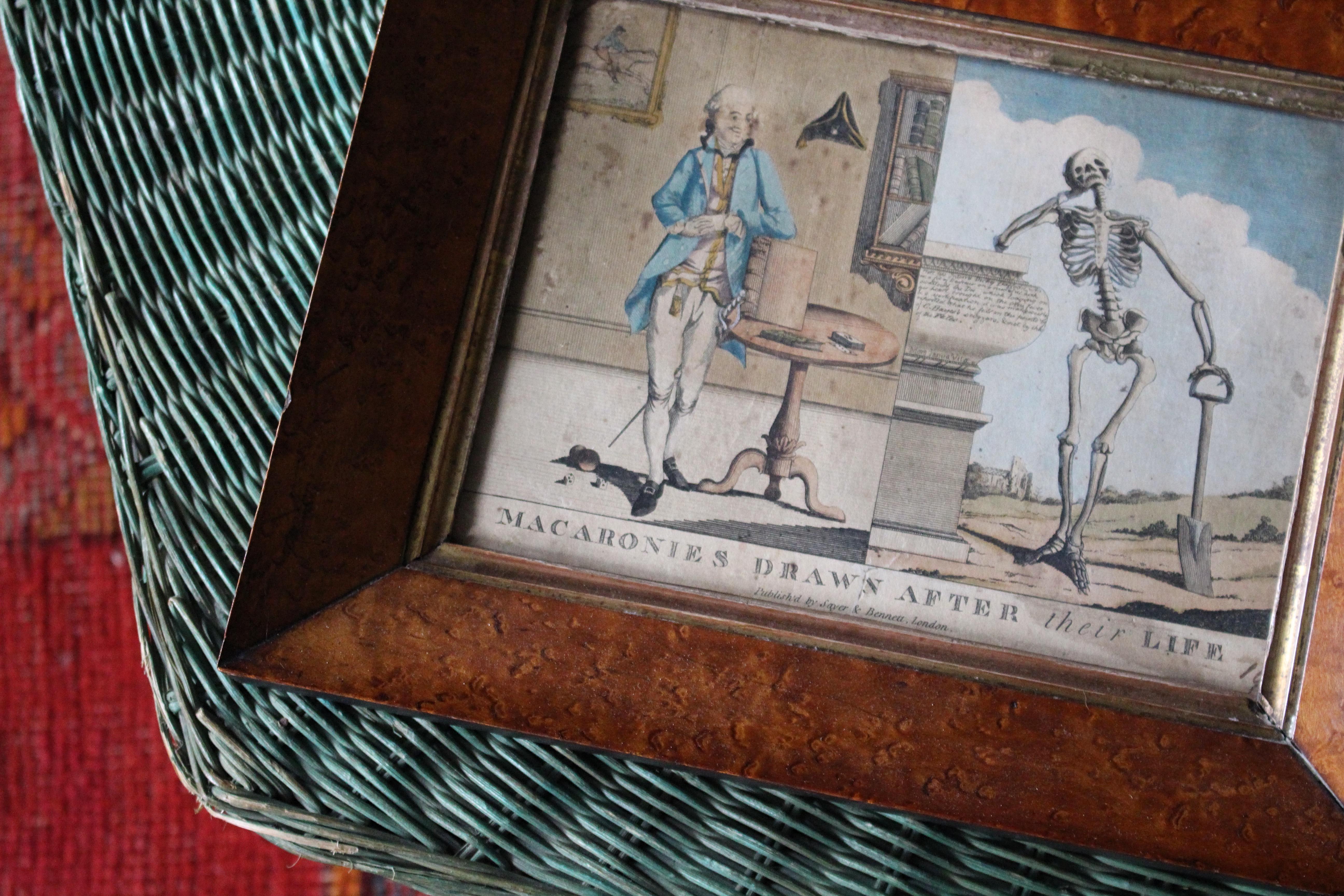 Macaronies drawn after the life, satire etching housed in a period Birds Eye maple frame circa 1800

The etching, coloured by hand, and divided into two parts. On the left is represented a young man, a macaroni, standing at a round table, and, with