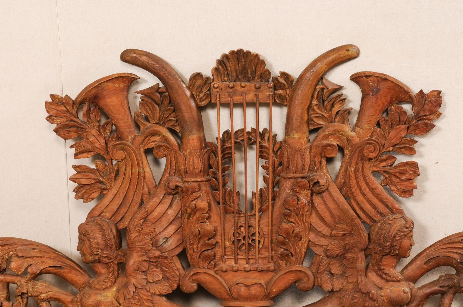 Wood Early 19th Century Italian 6 Ft Long Wall Plaque Carved W/Lyre Flanked by Sphinx For Sale