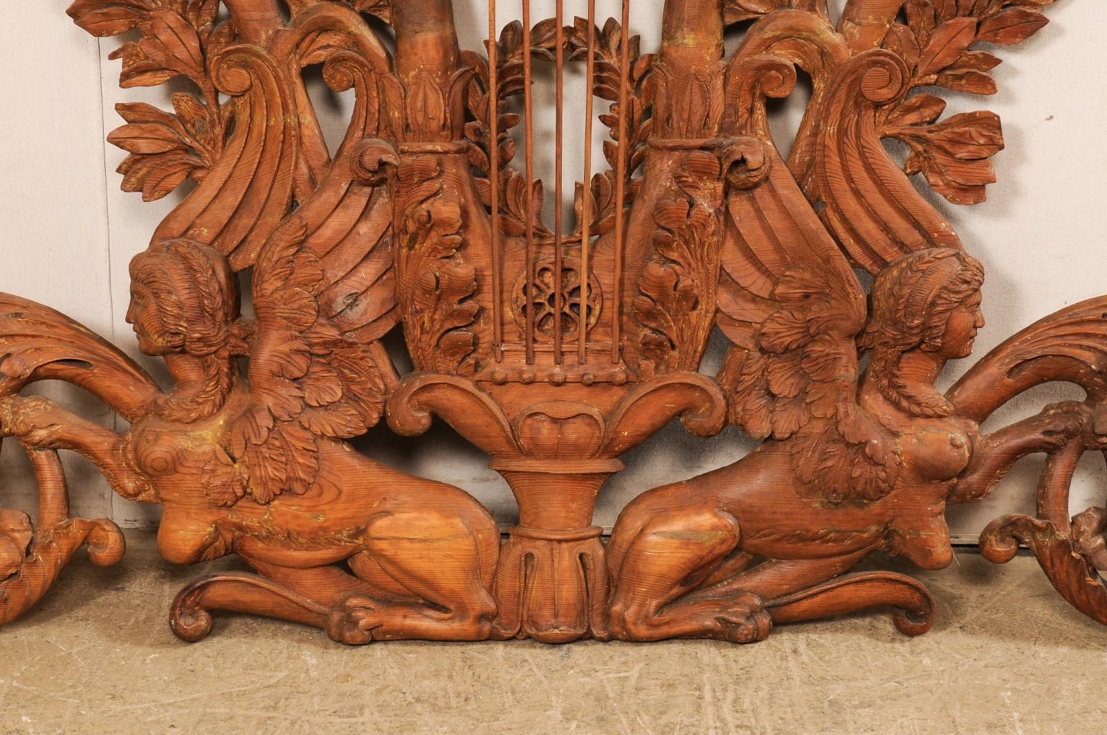 Early 19th Century Italian 6 Ft Long Wall Plaque Carved W/Lyre Flanked by Sphinx For Sale 1