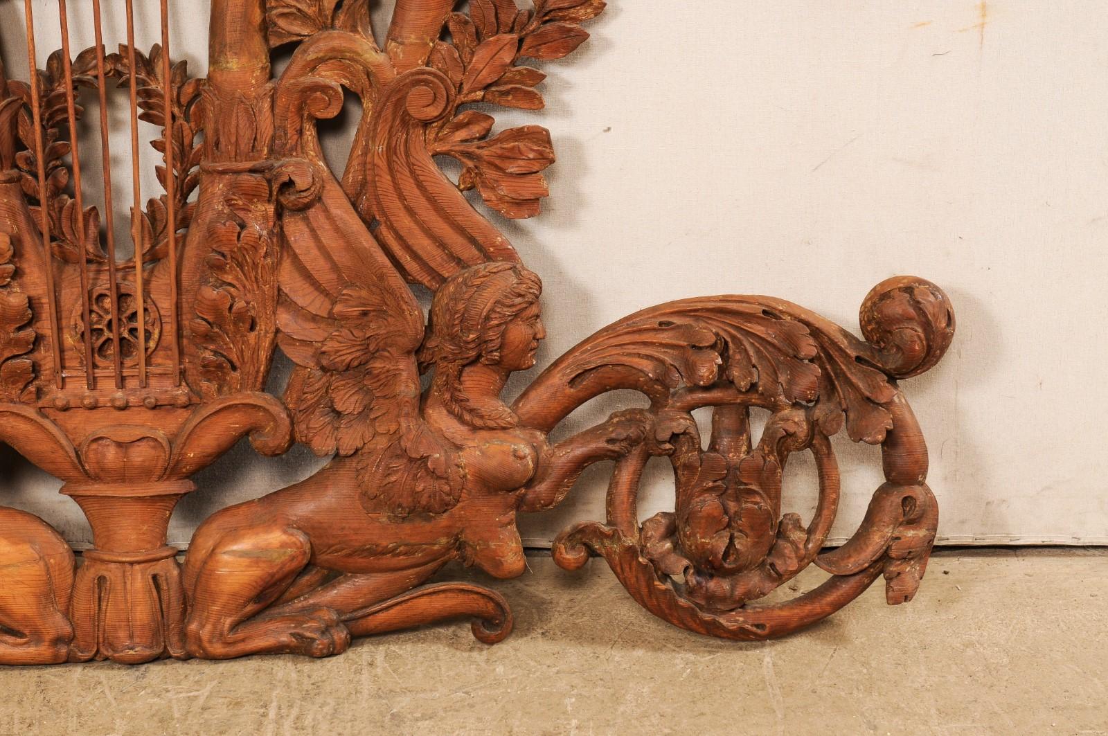 Early 19th Century Italian 6 Ft Long Wall Plaque Carved W/Lyre Flanked by Sphinx For Sale 2
