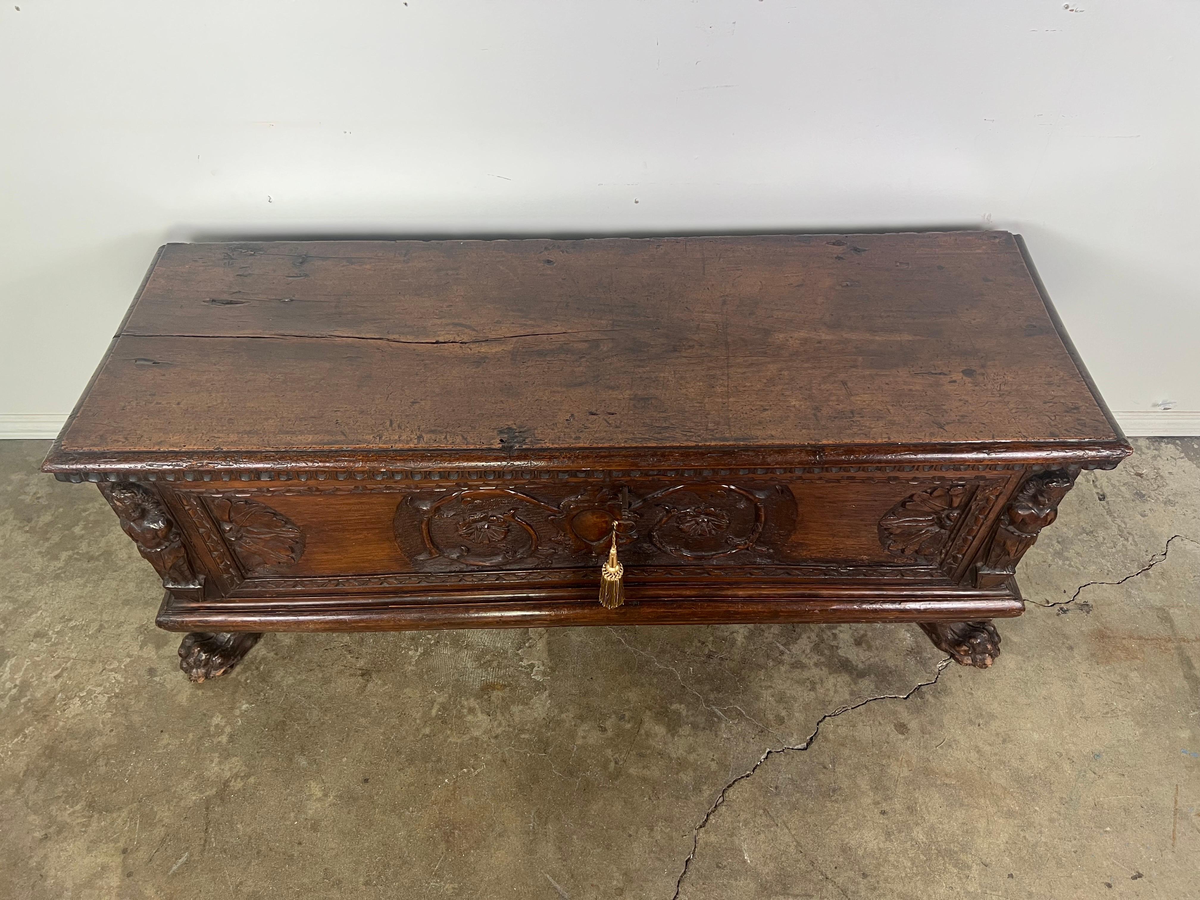 Renaissance Early 19th C. Italian Carved Walnut Chest For Sale