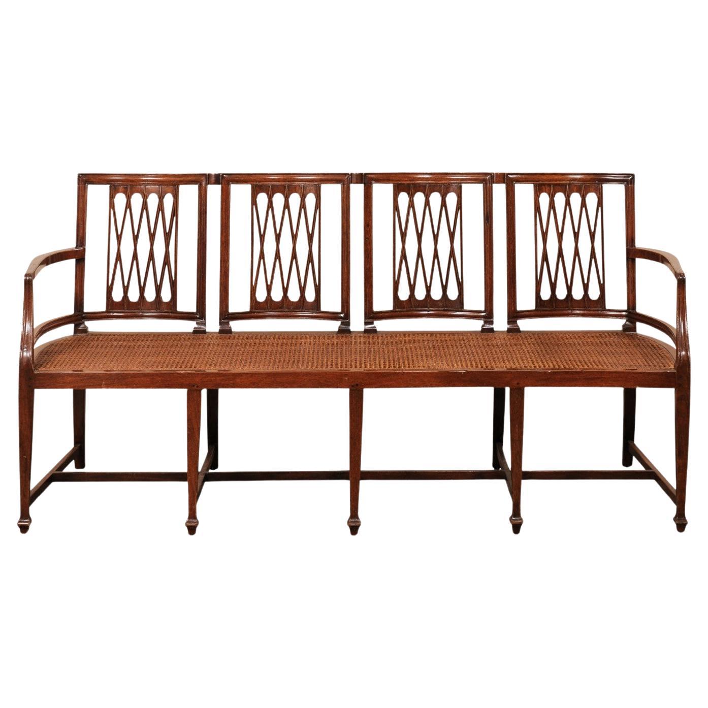 Early 19th C. Italian Carved-Wood 4 Chair-Back Bench w/Cane Seat