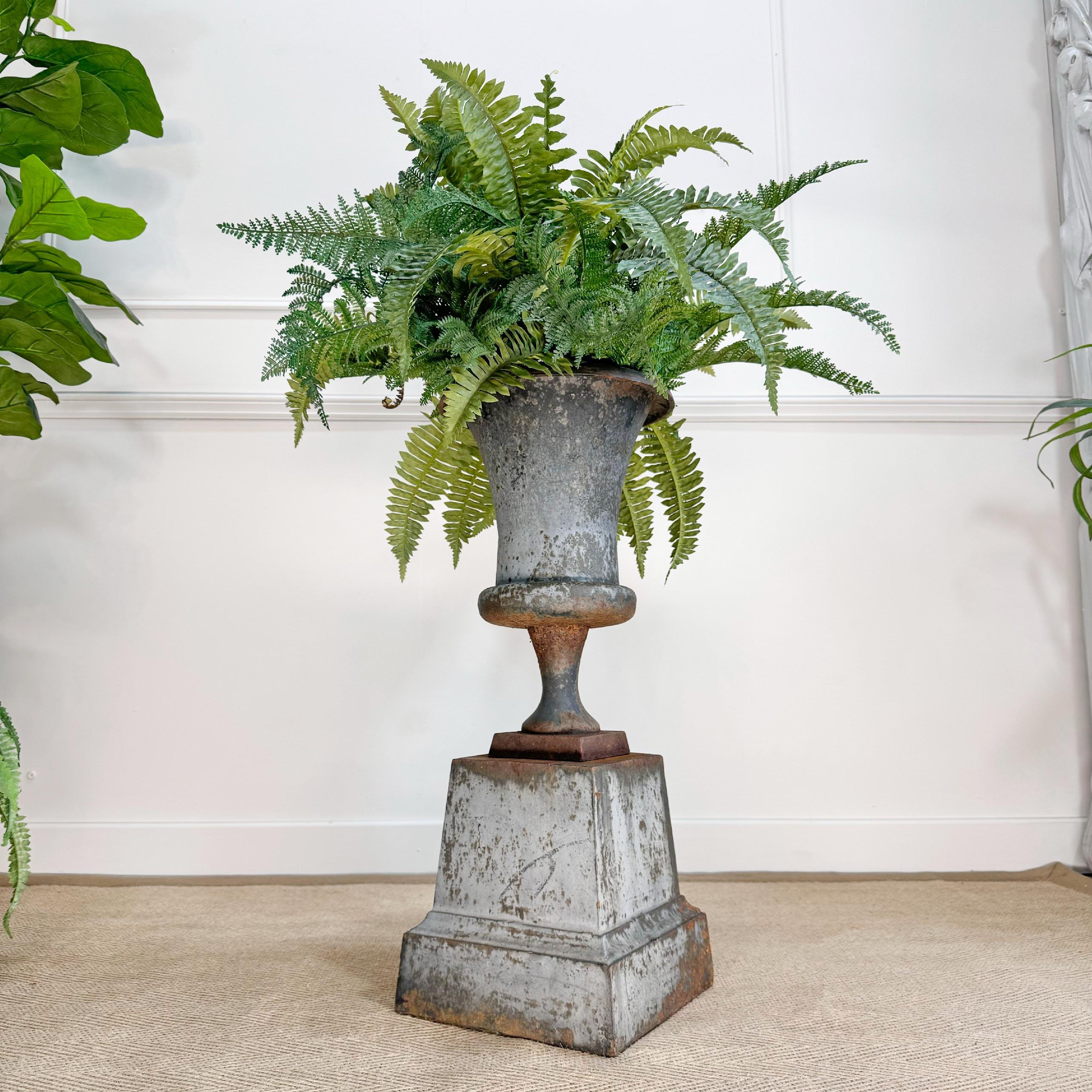 An early 19th Century Italian cast iron Campana Urn on its original plinth in a beautifully worn steel blue grey paint
 
This urn is of superb and unusual sleek proportions and rare to find with its original plinth

Height 69cm, Width at top 28.5cm,