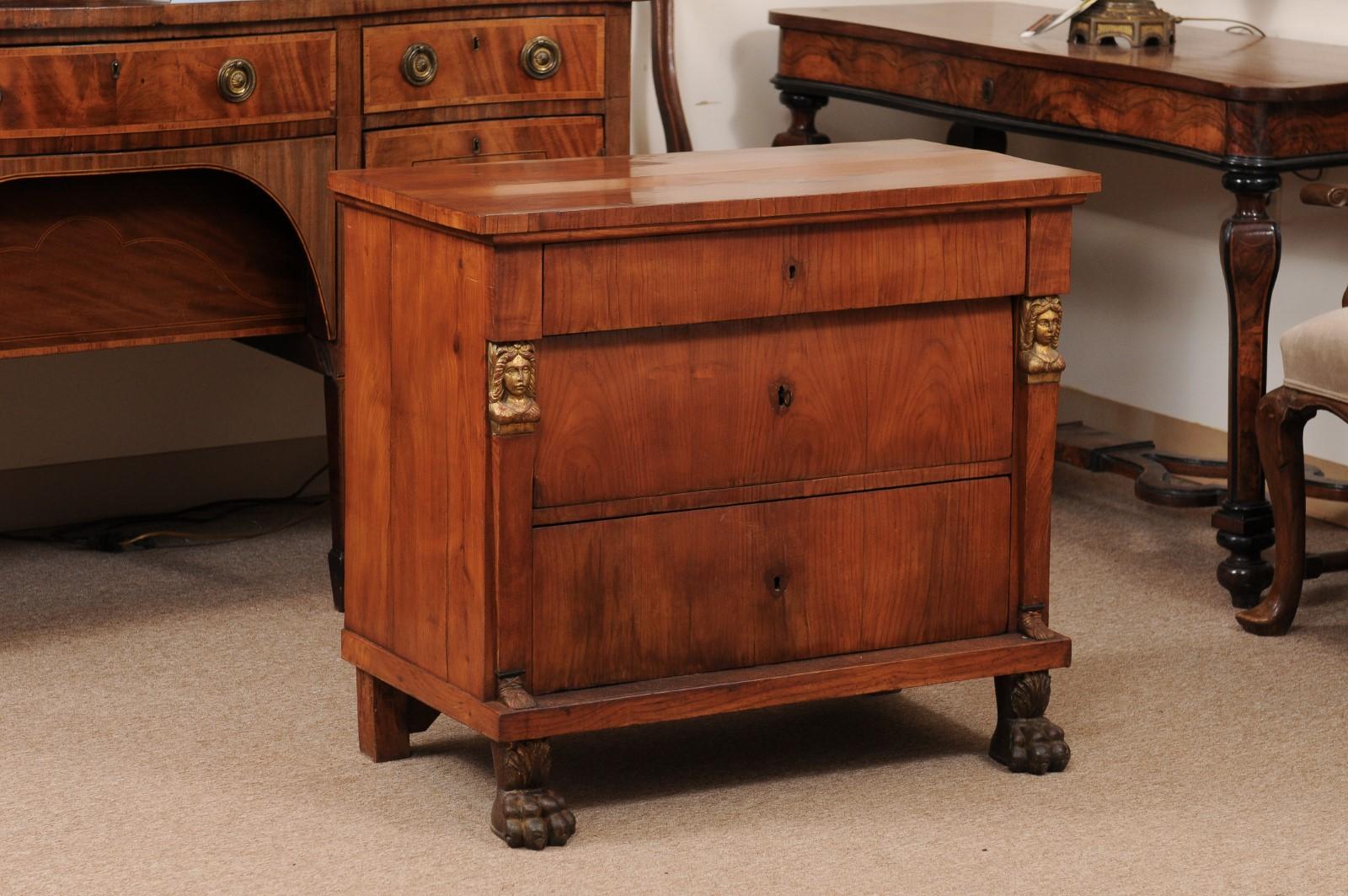 Early 19th Century Italian Empire Petite Commode in Fruitwood with 3 Drawers, Ebonized Paw Feet, & Caryatid Detail