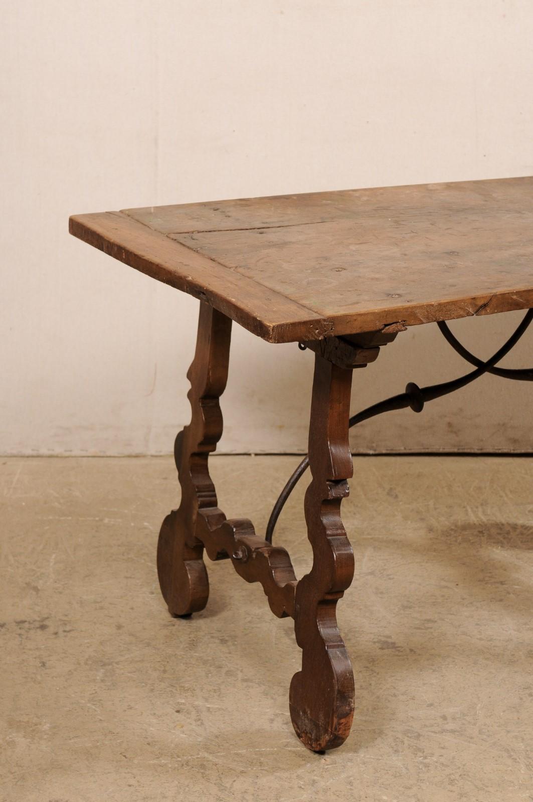19th Century Early 19th C. Italian Fratino Walnut Table w/Forged Iron Stretcher For Sale
