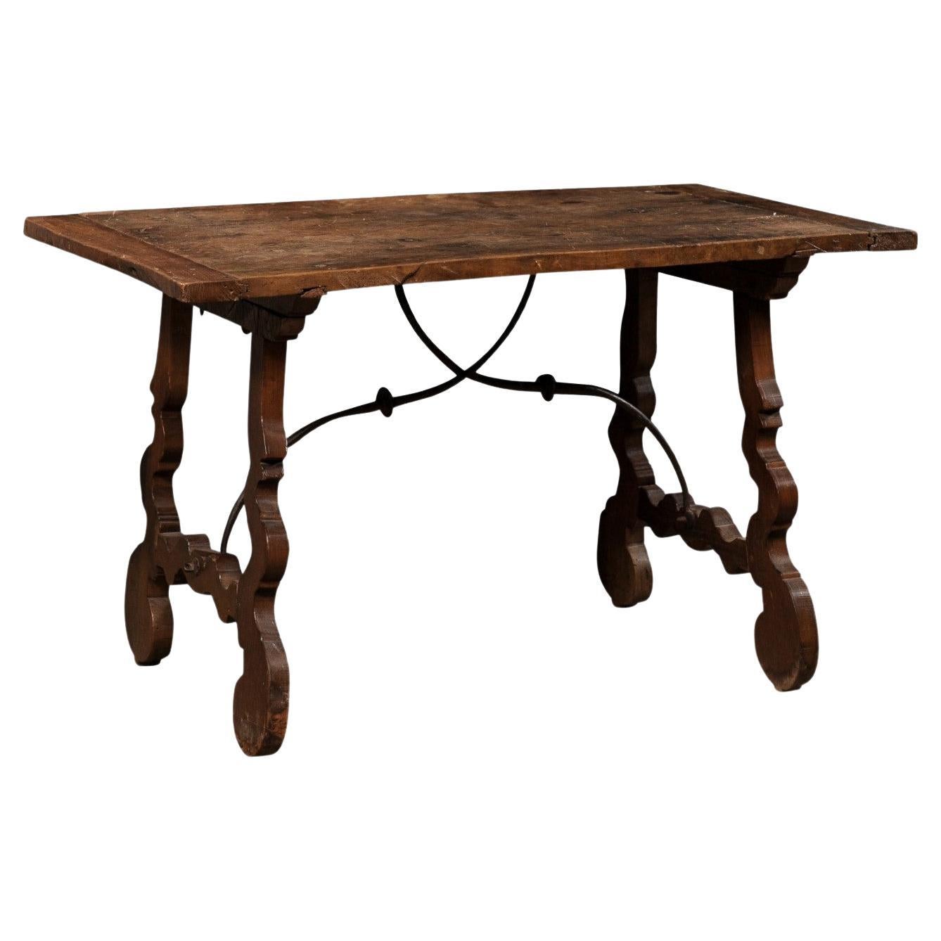 Early 19th C. Italian Fratino Walnut Table w/Forged Iron Stretcher For Sale