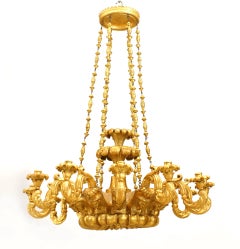 Lampadario italiano neoclassico a motivi egiziani in legno dorato