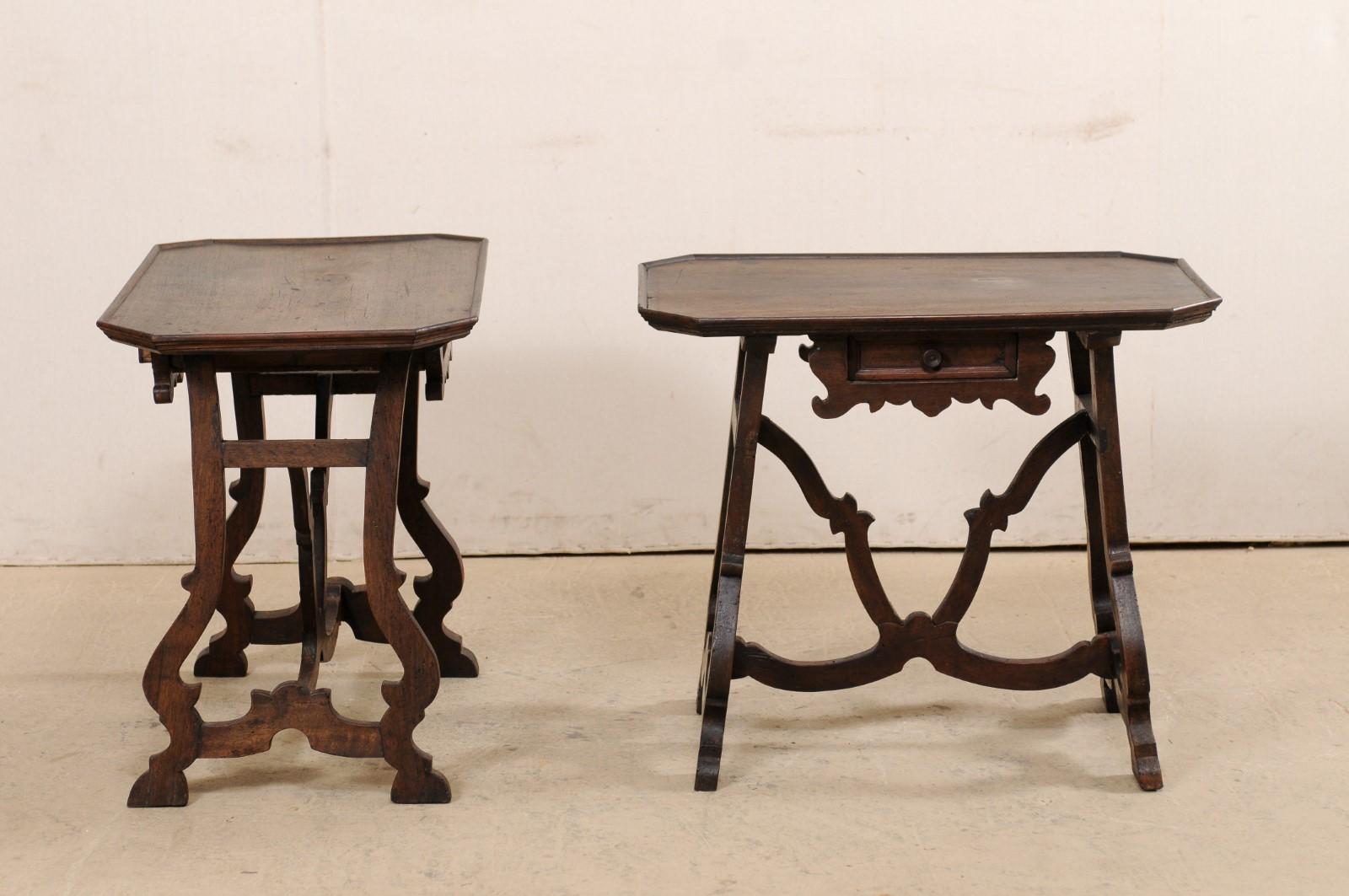 19th Century Early 19th C Italian Pair Walnut Side Tables with Lrye-Legs and Single Drawer
