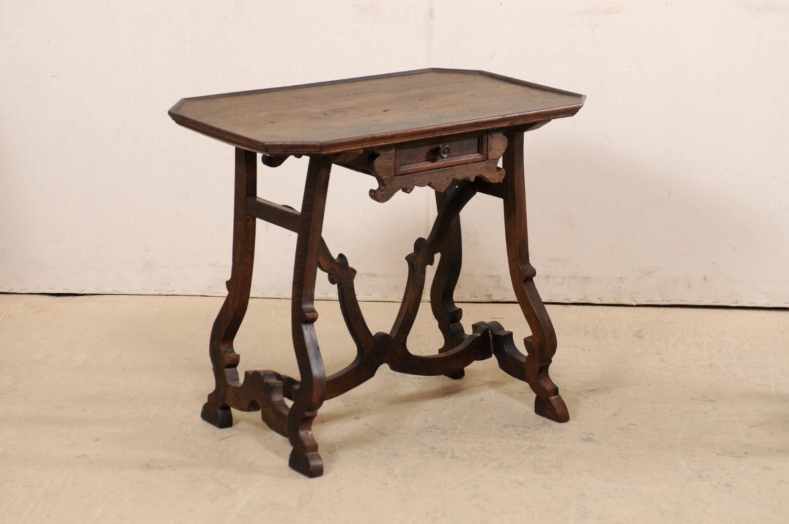 Early 19th C Italian Pair Walnut Side Tables with Lrye-Legs and Single Drawer 1