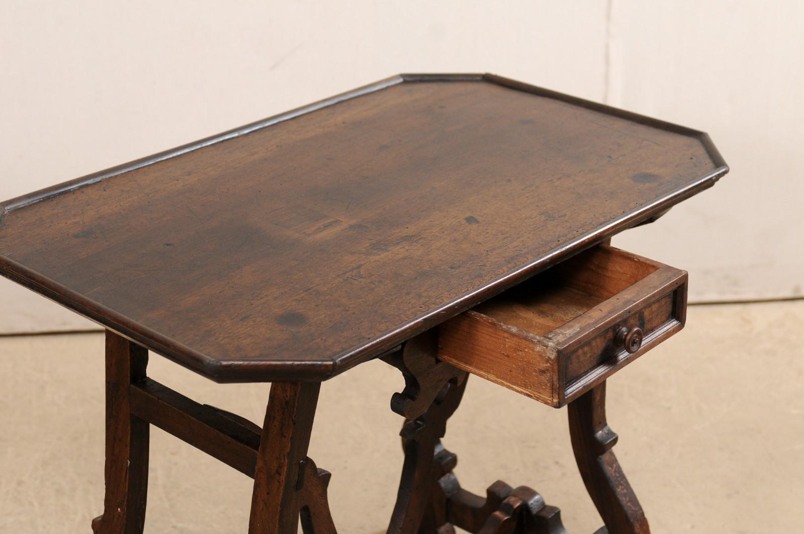 Early 19th C Italian Pair Walnut Side Tables with Lrye-Legs and Single Drawer 2
