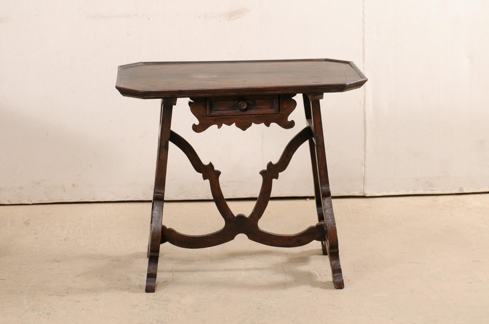 Early 19th C Italian Pair Walnut Side Tables with Lrye-Legs and Single Drawer 3