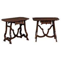 Early 19th C Italian Pair Walnut Side Tables with Lrye-Legs and Single Drawer