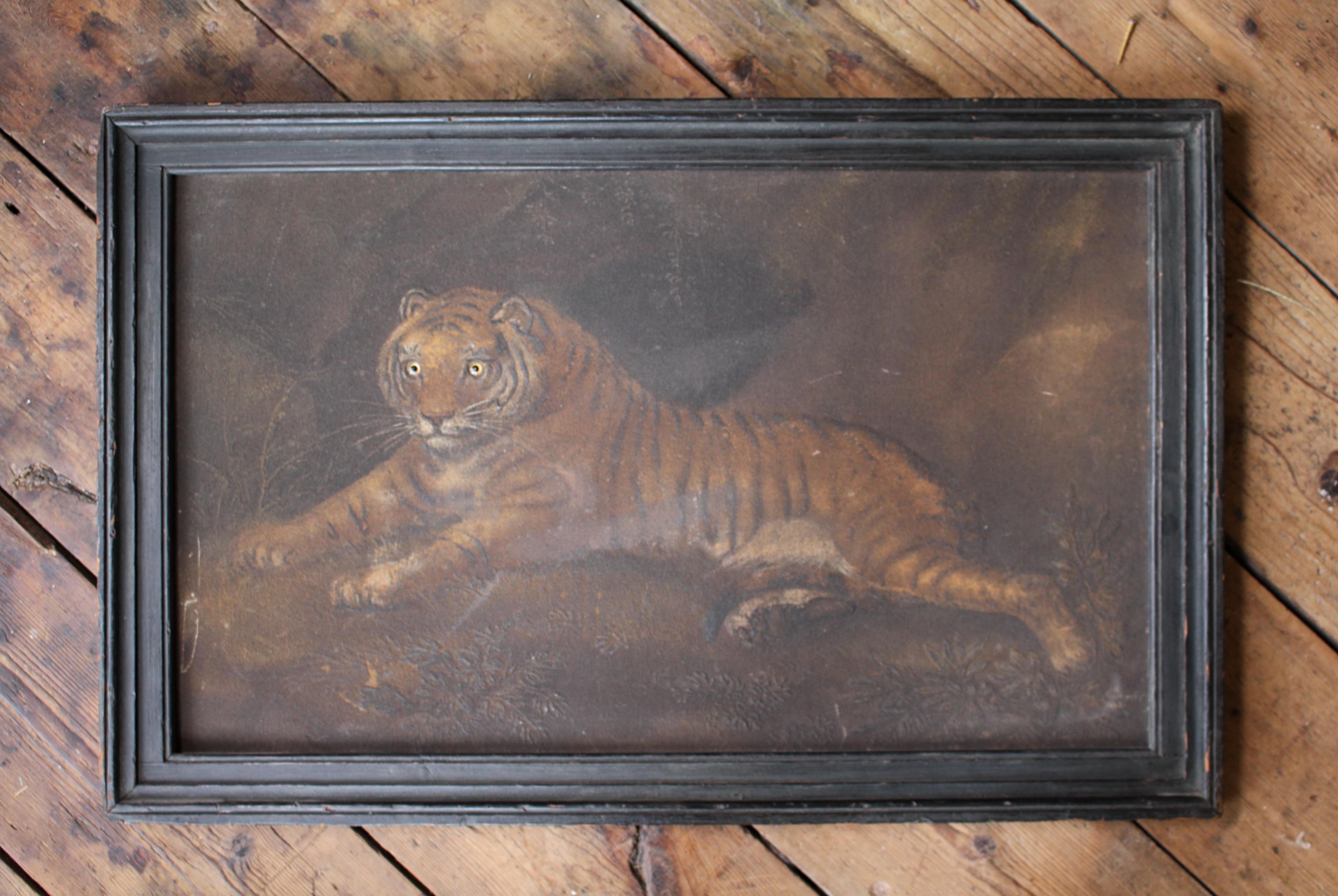 Early 19th C Manner of Benjamin Zobel, Sand Picture of A Recumbent Tiger Curio 4