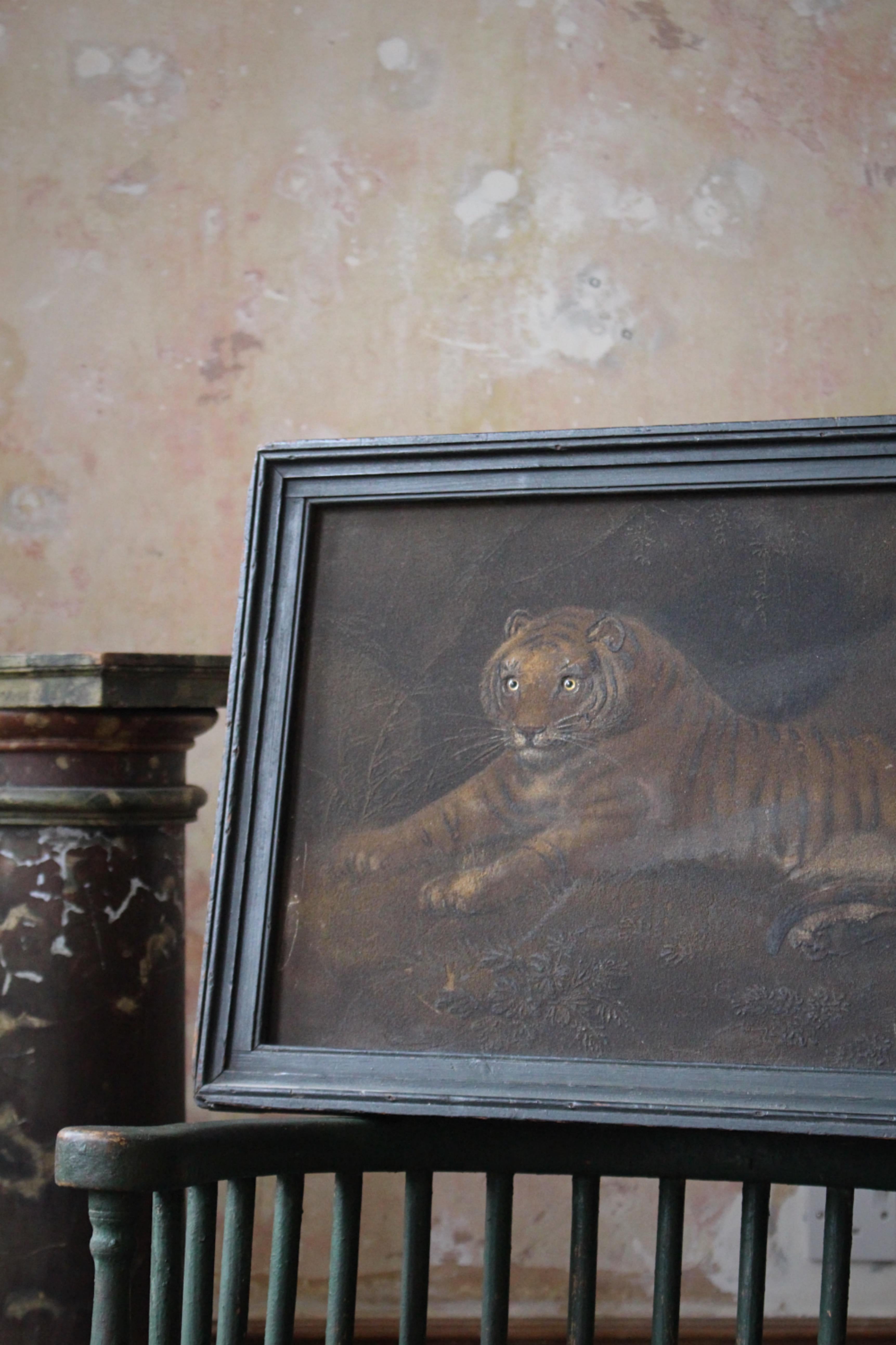 A very good example of a sand picture of a recumbent tiger very much in the manner of  Benjamin Zobel, and after image of George Stubbs a Portrait of The Royal Tiger.

Coloured sand, white lead and gum Arabic on board, showing a tiger lying under