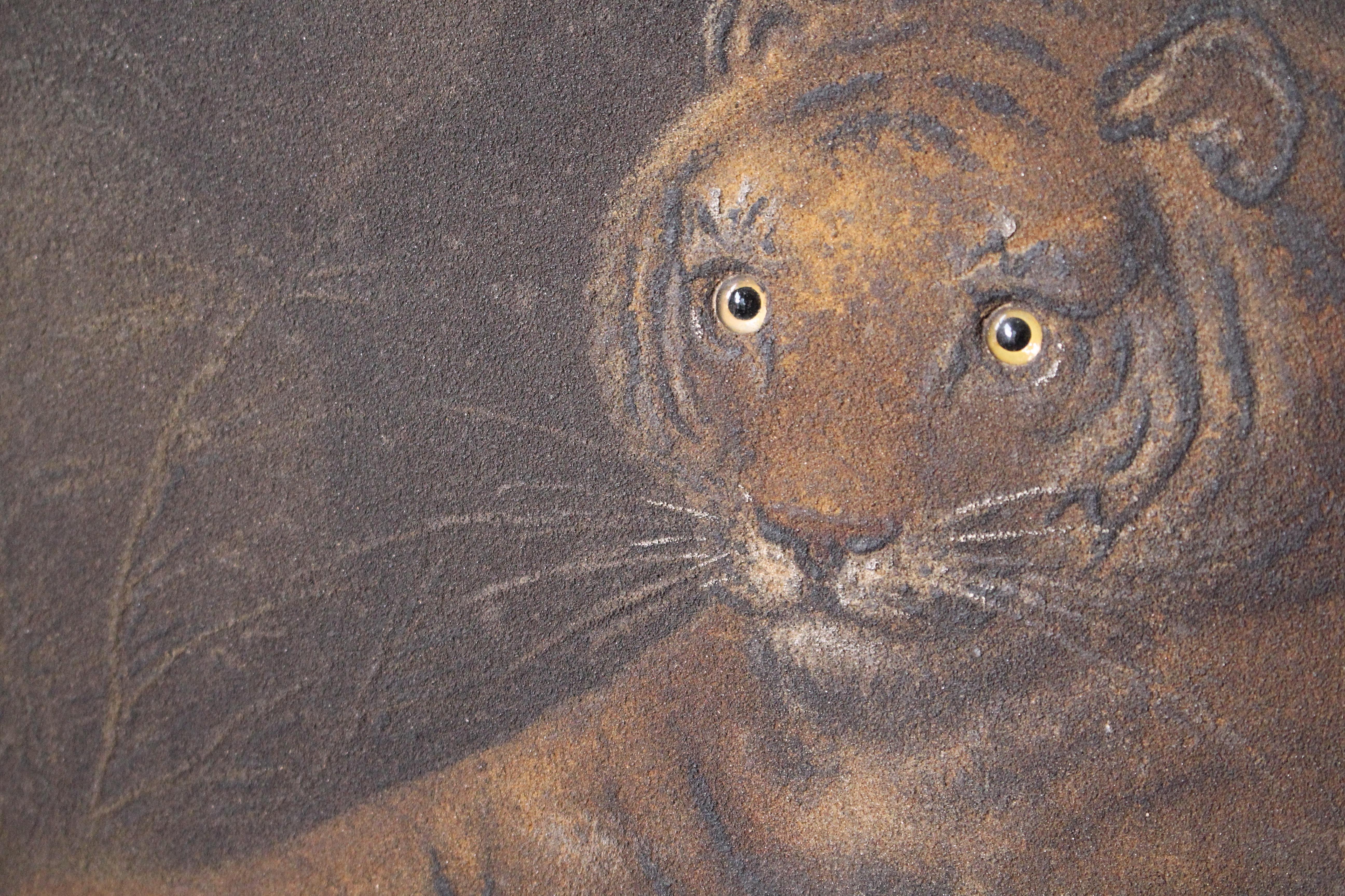English Early 19th C Manner of Benjamin Zobel, Sand Picture of A Recumbent Tiger Curio