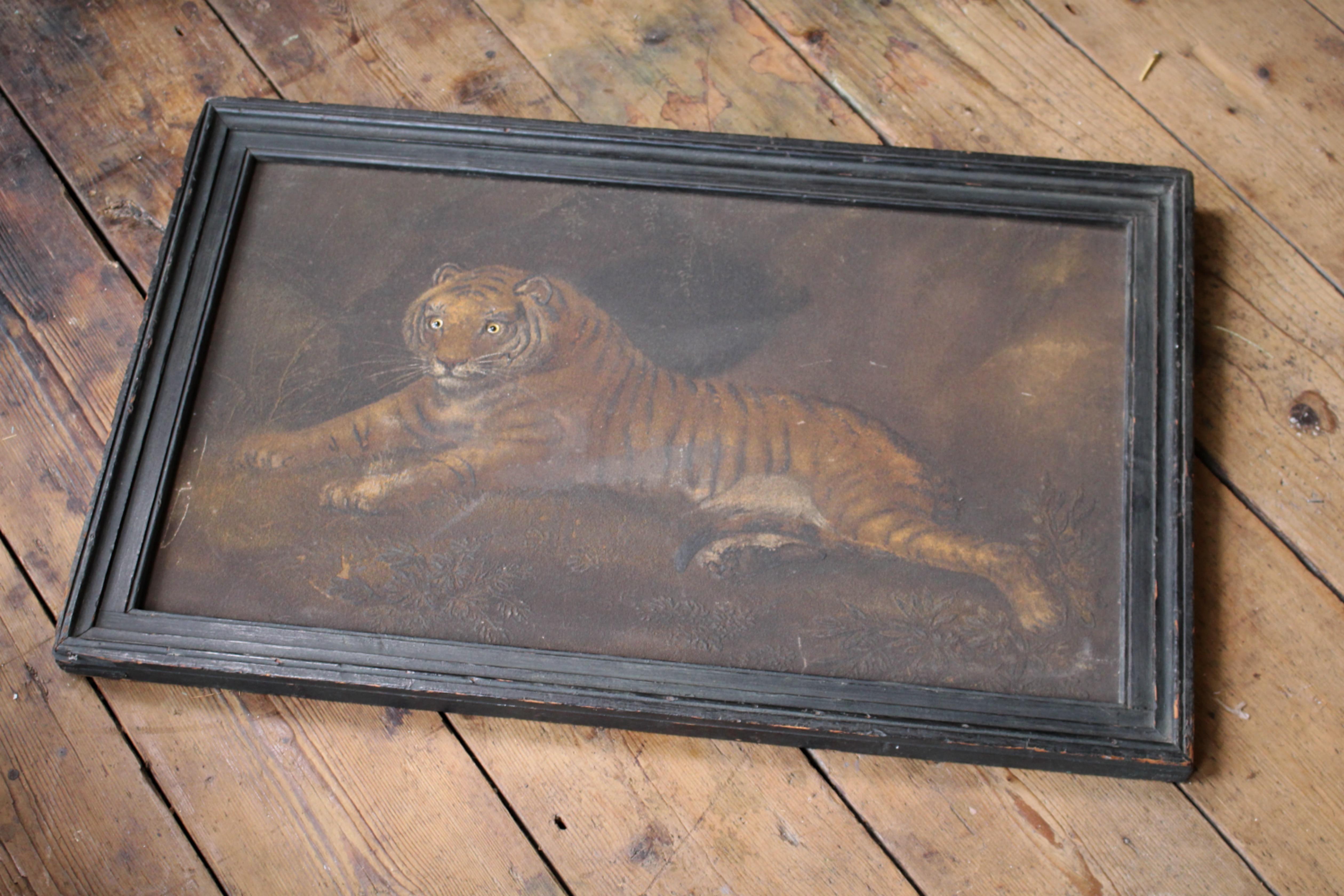Early 19th C Manner of Benjamin Zobel, Sand Picture of A Recumbent Tiger Curio In Good Condition In Lowestoft, GB