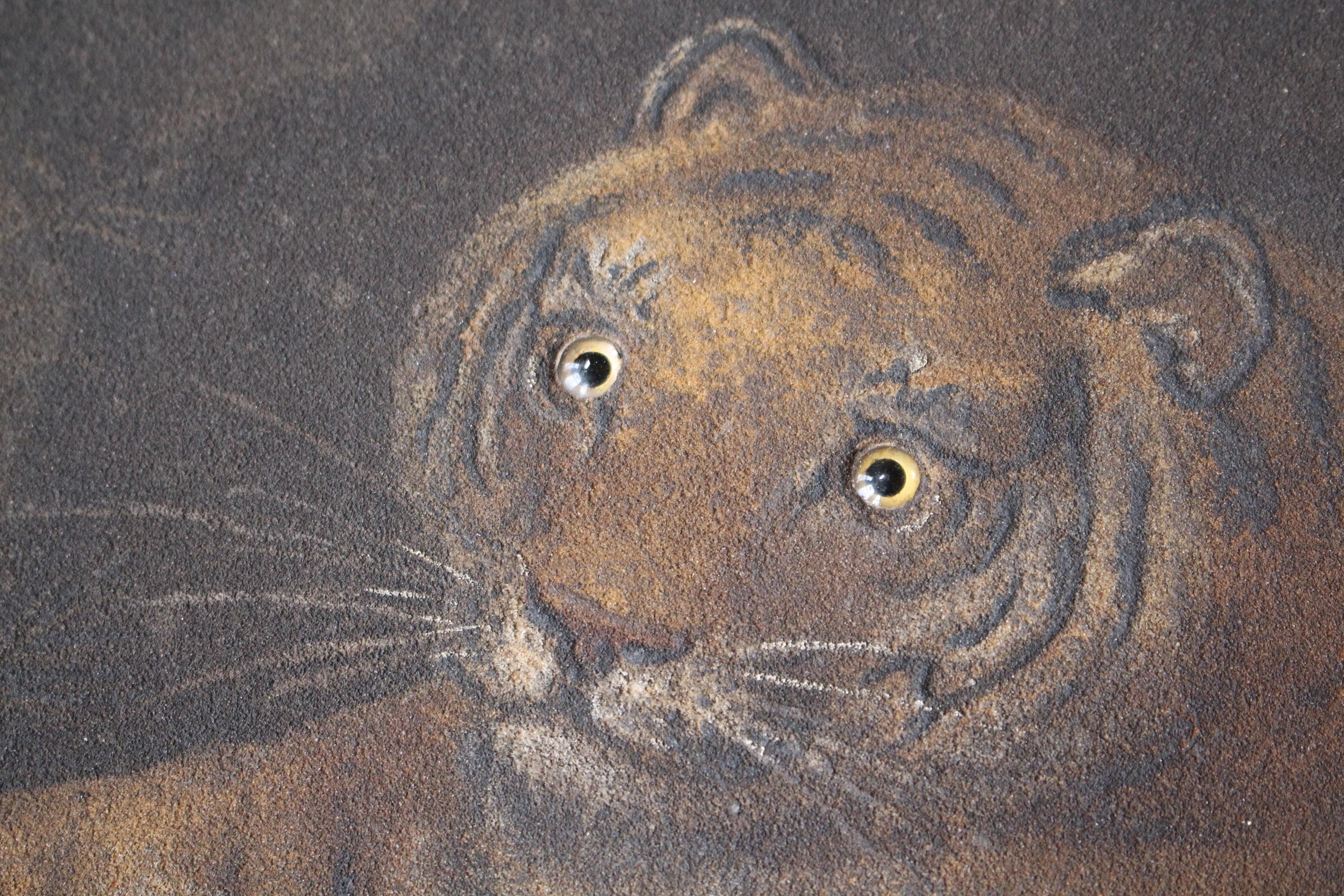 Early 19th C Manner of Benjamin Zobel, Sand Picture of A Recumbent Tiger Curio 1