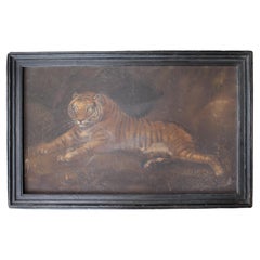 Antique Early 19th C Manner of Benjamin Zobel, Sand Picture of A Recumbent Tiger Curio