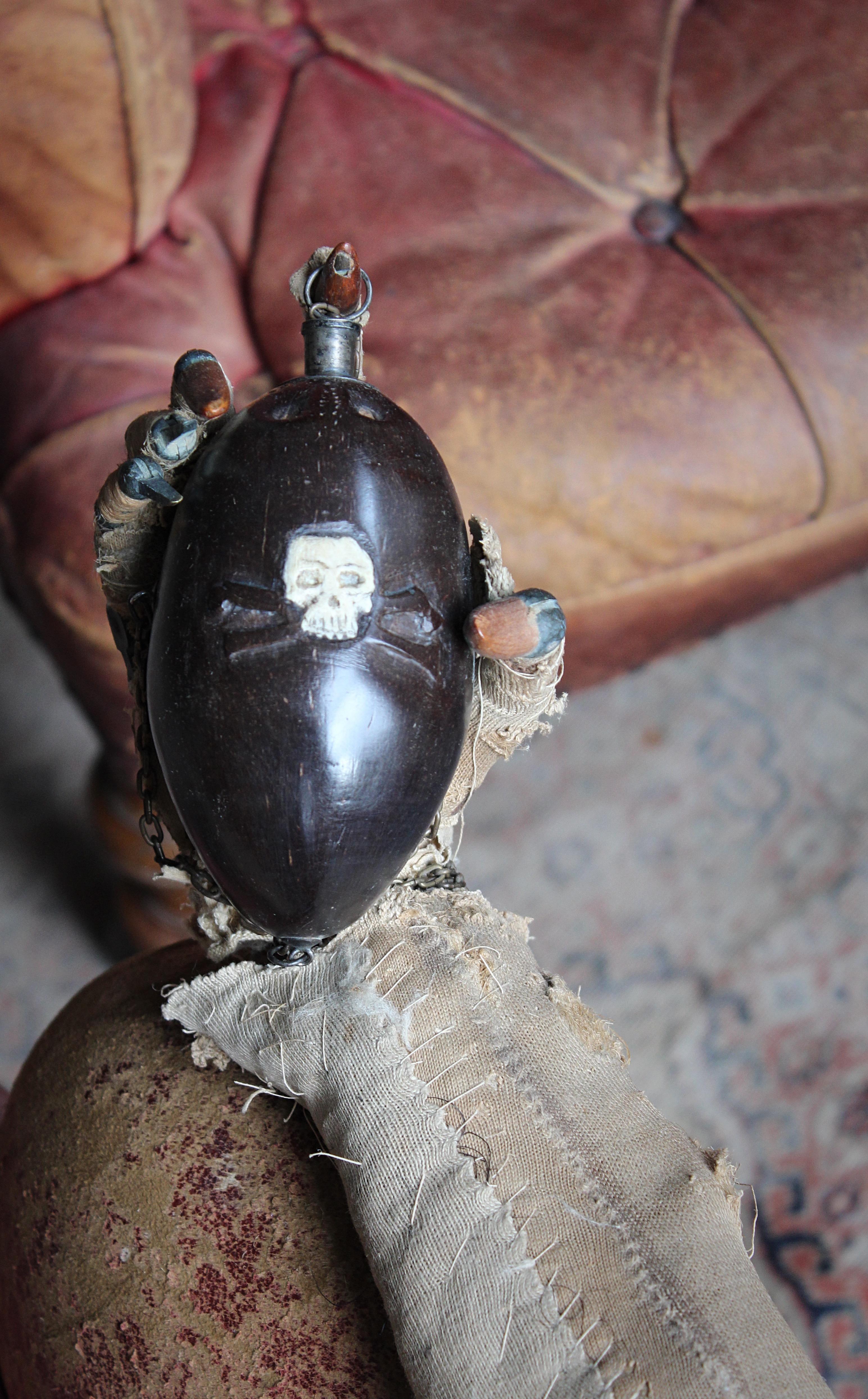 European Early 19th C Maritime Sailor's Coconut “Bugbear” Memento Mori Gun Powder Flask
