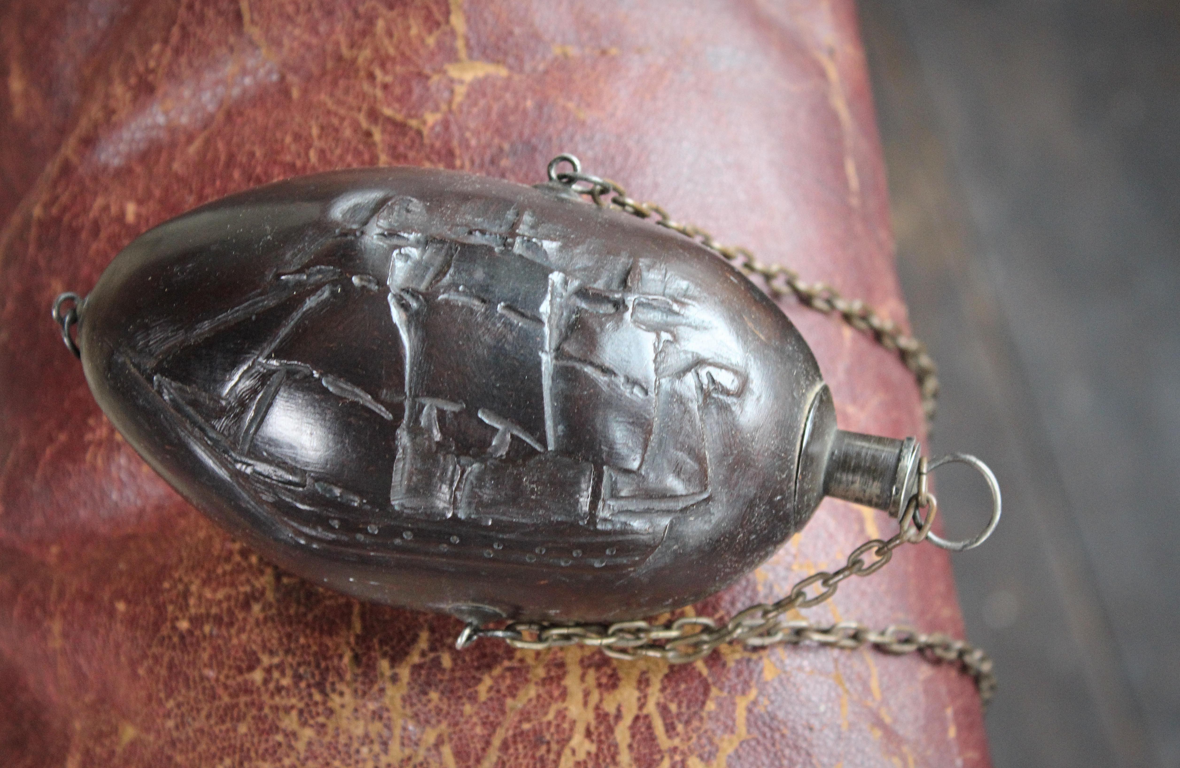 19th Century Early 19th C Maritime Sailor's Coconut “Bugbear” Memento Mori Gun Powder Flask