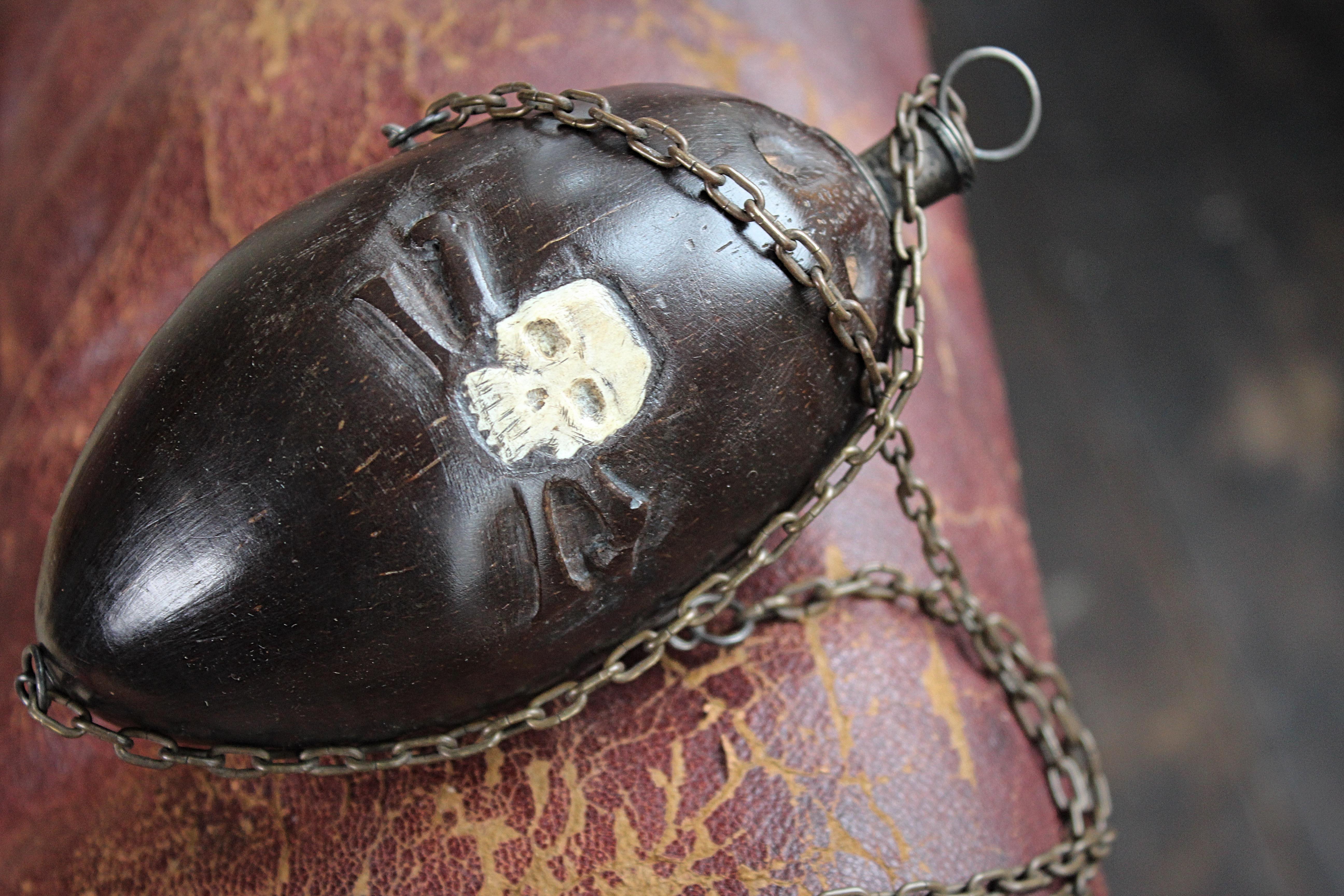 Early 19th C Maritime Sailor's Coconut “Bugbear” Memento Mori Gun Powder Flask 1
