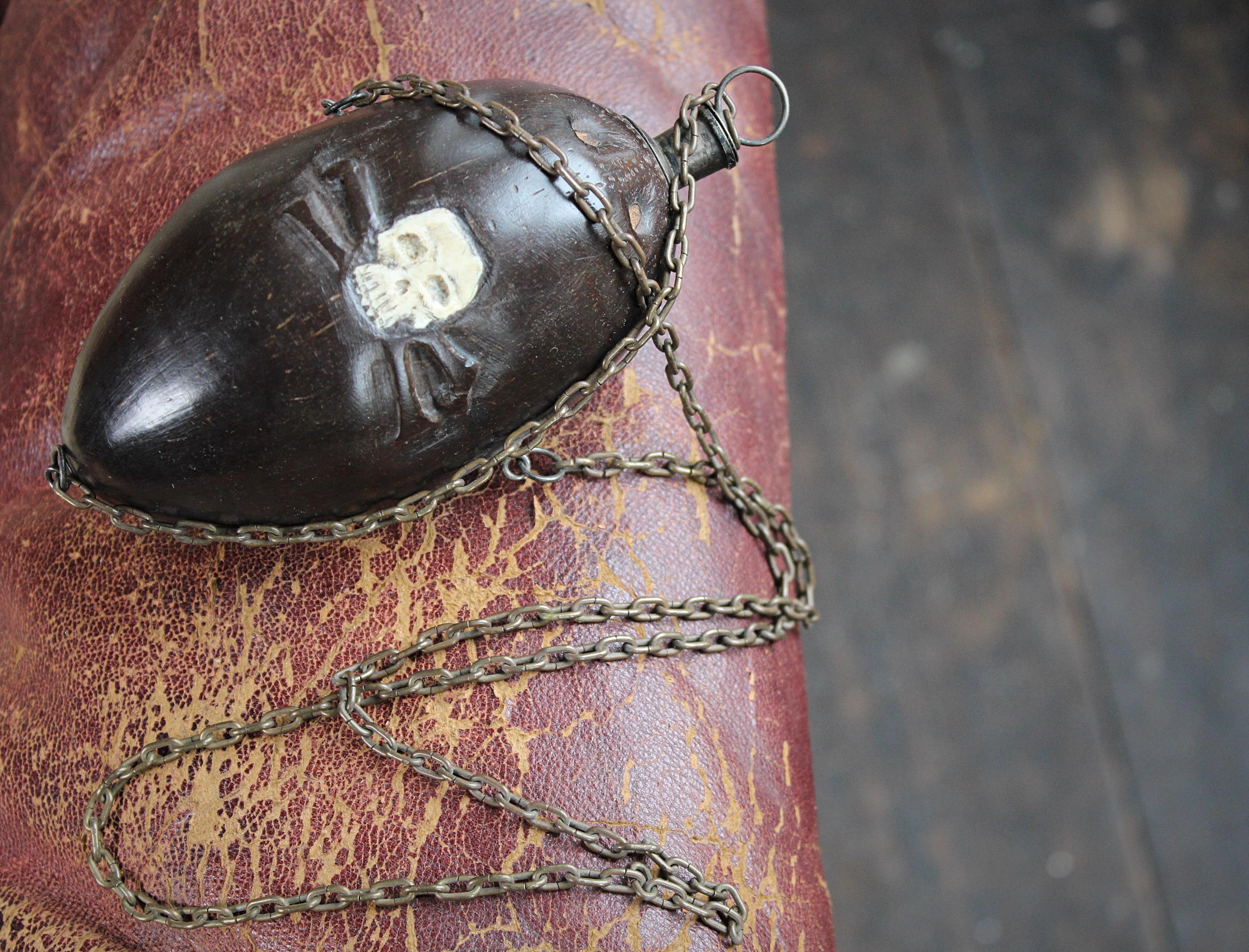 Early 19th C Maritime Sailor's Coconut “Bugbear” Memento Mori Gun Powder Flask 2