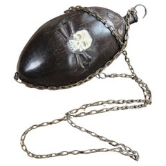 Early 19th C Maritime Sailor's Coconut “Bugbear” Memento Mori Gun Powder Flask